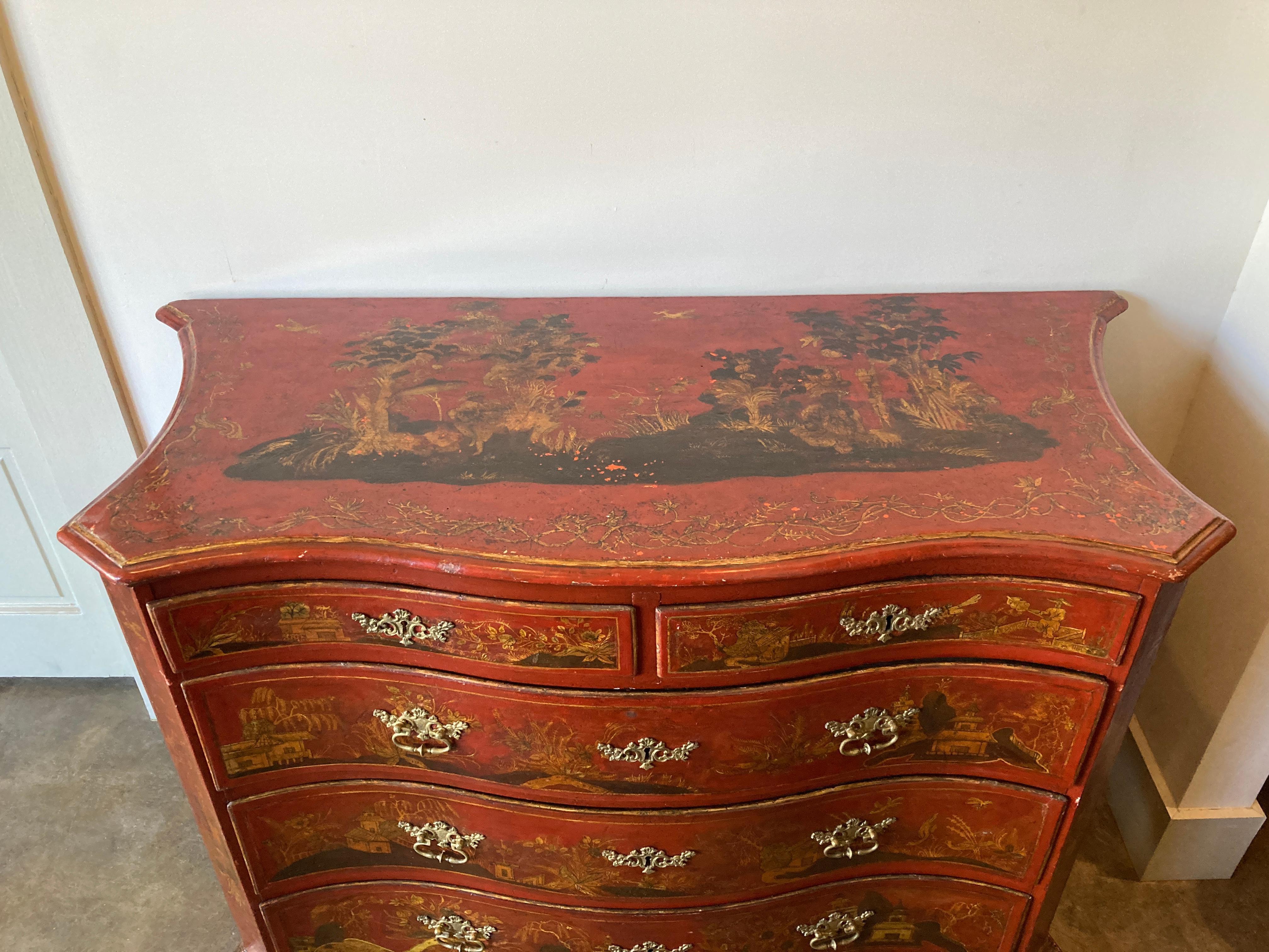 Baroque 18th Century Red Lacquered Italian Chest of Drawers with Chinoiserie Decoration For Sale