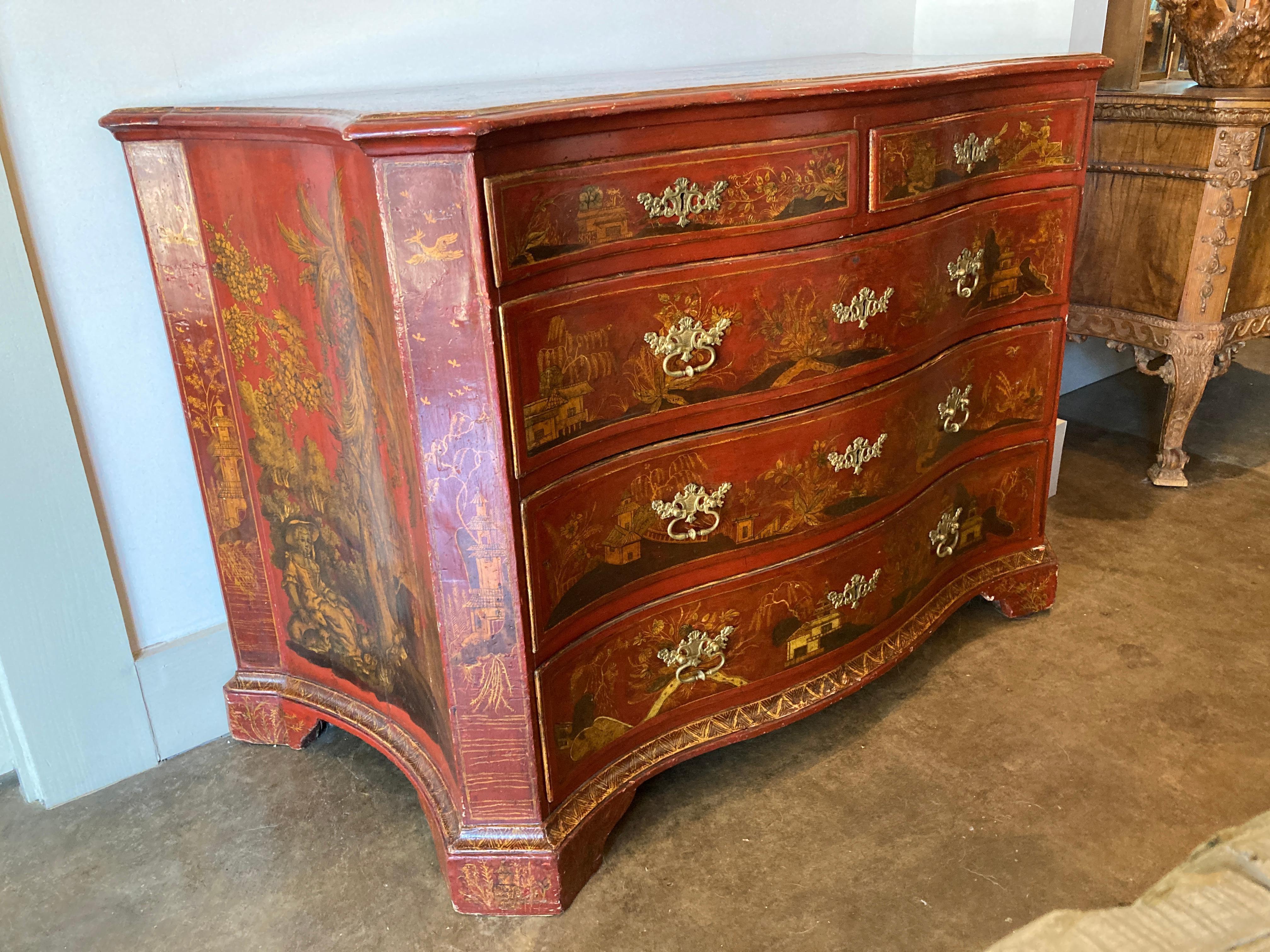 18th Century Red Lacquered Italian Chest of Drawers with Chinoiserie Decoration In Good Condition For Sale In Dallas, TX