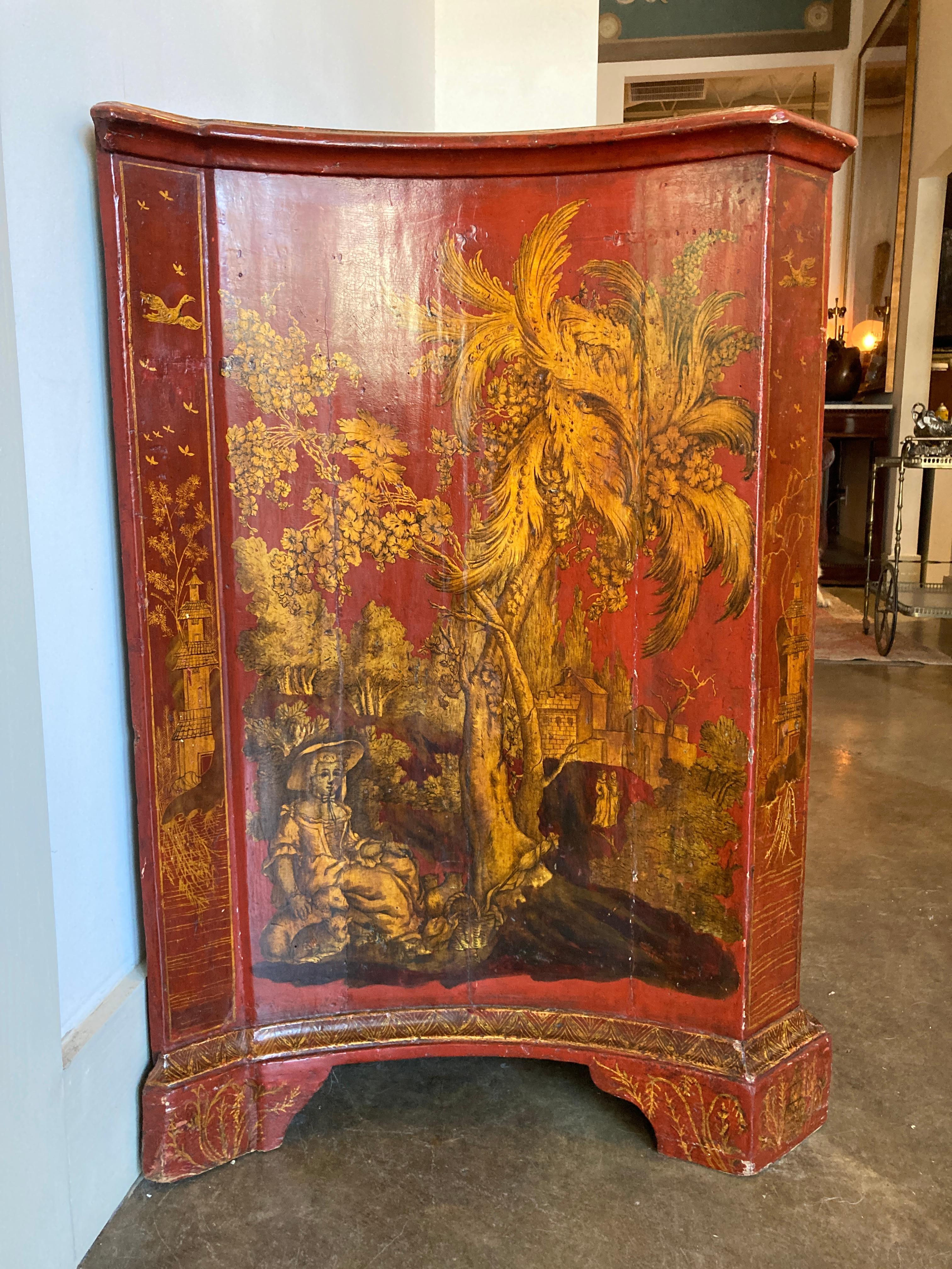 Wood 18th Century Red Lacquered Italian Chest of Drawers with Chinoiserie Decoration For Sale