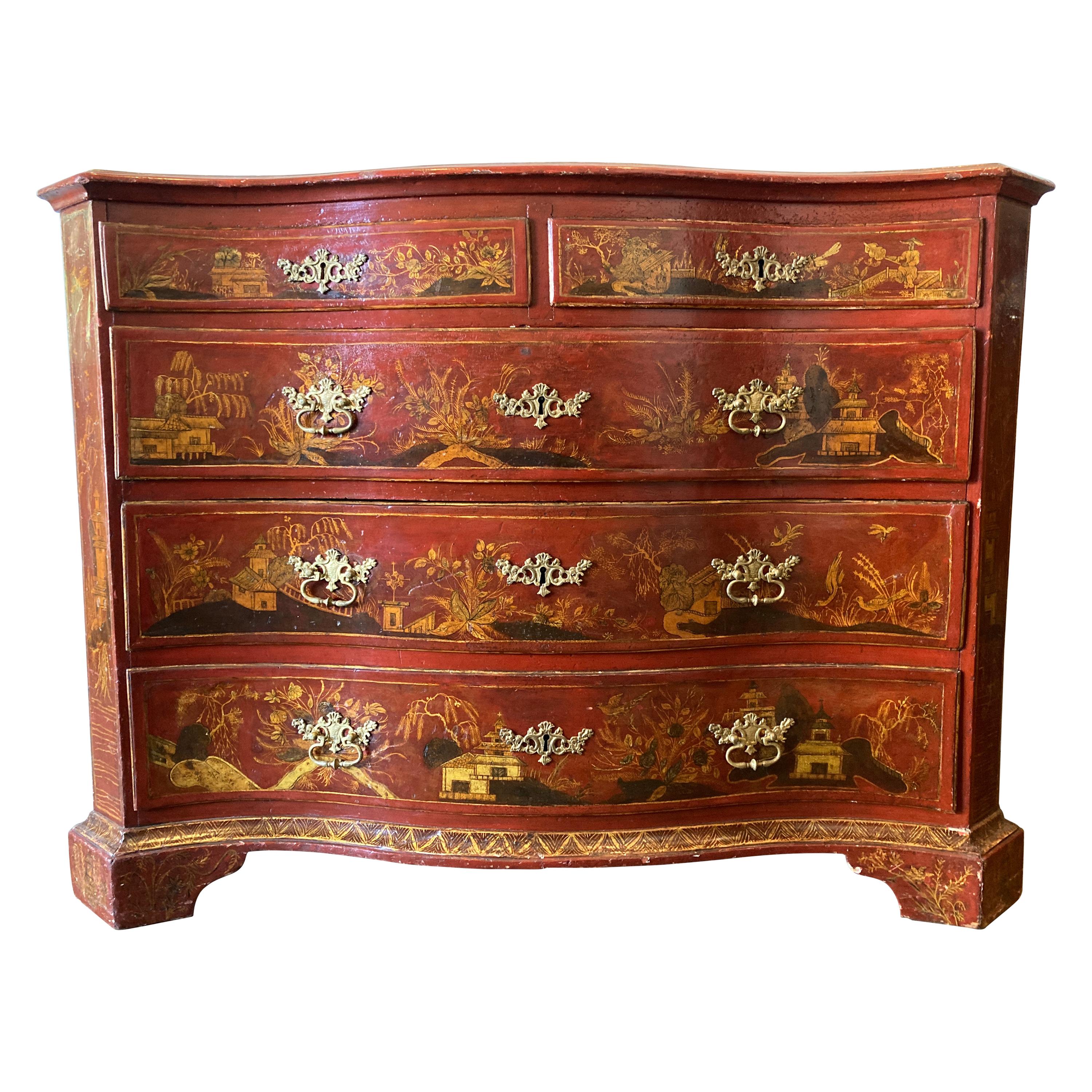 18th Century Red Lacquered Italian Chest of Drawers with Chinoiserie Decoration For Sale