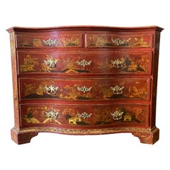 18th Century Red Lacquered Italian Chest of Drawers with Chinoiserie Decoration