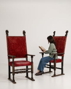 18th Century Red Pair Of Henry II Throne Armchairs In Original Patina