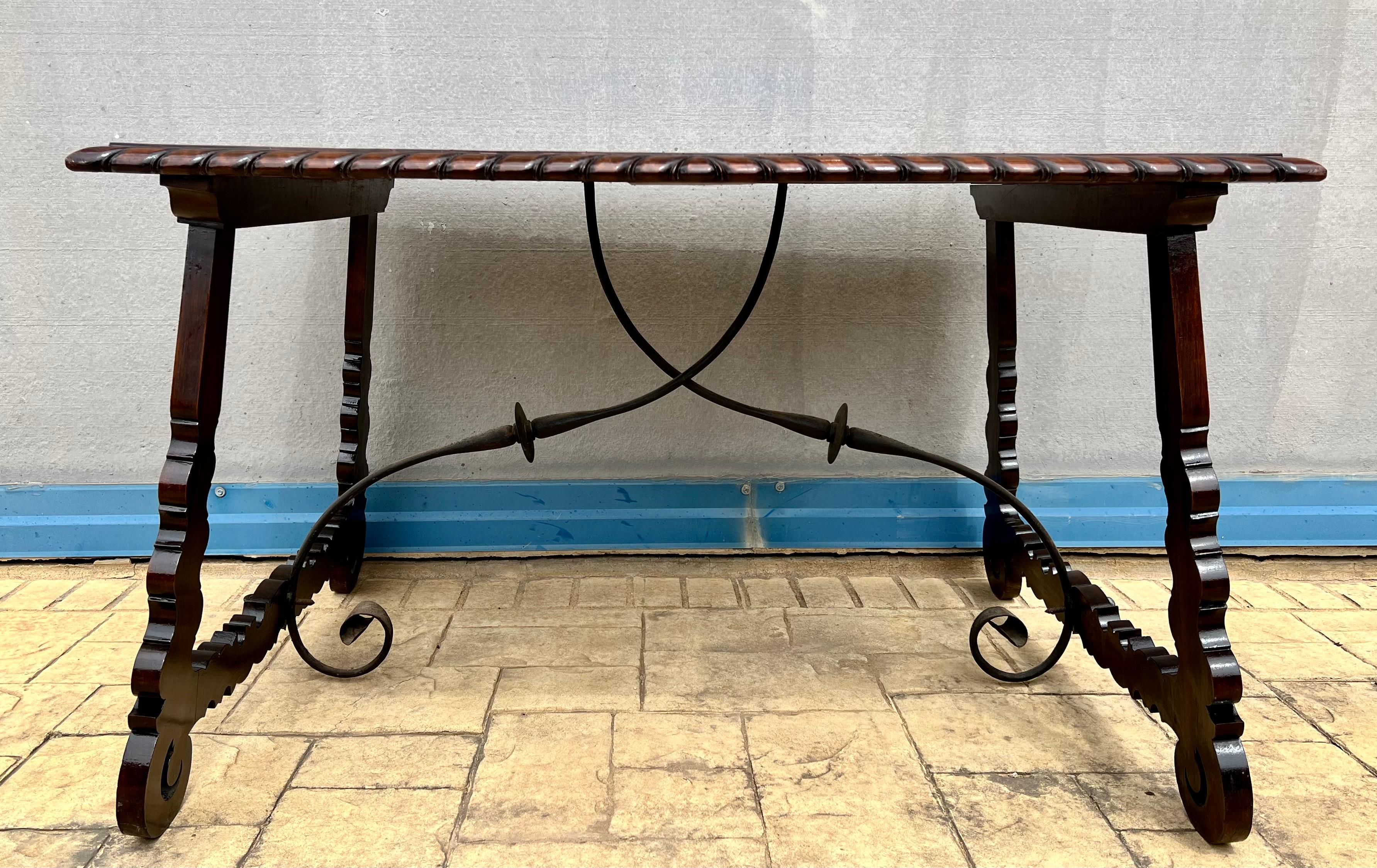 Baroque 18th Century Refectory Spanish Table with Lyre Legs and Iron Stretcher
