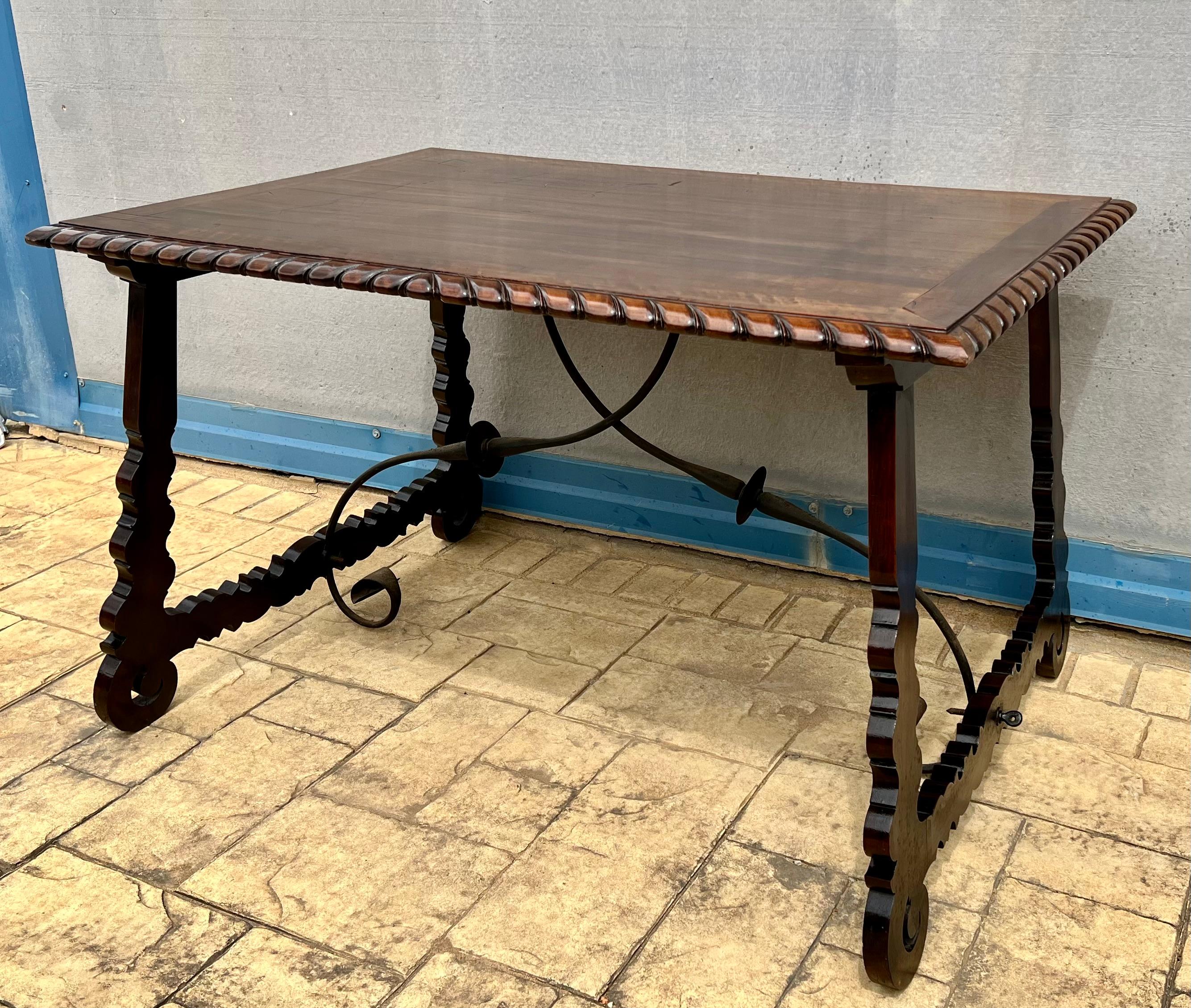 19th Century 18th Century Refectory Spanish Table with Lyre Legs and Iron Stretcher