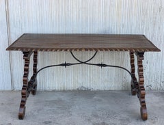 18th Century Refectory Spanish Table with Lyre Legs, Carved Edges & Iron Stretch