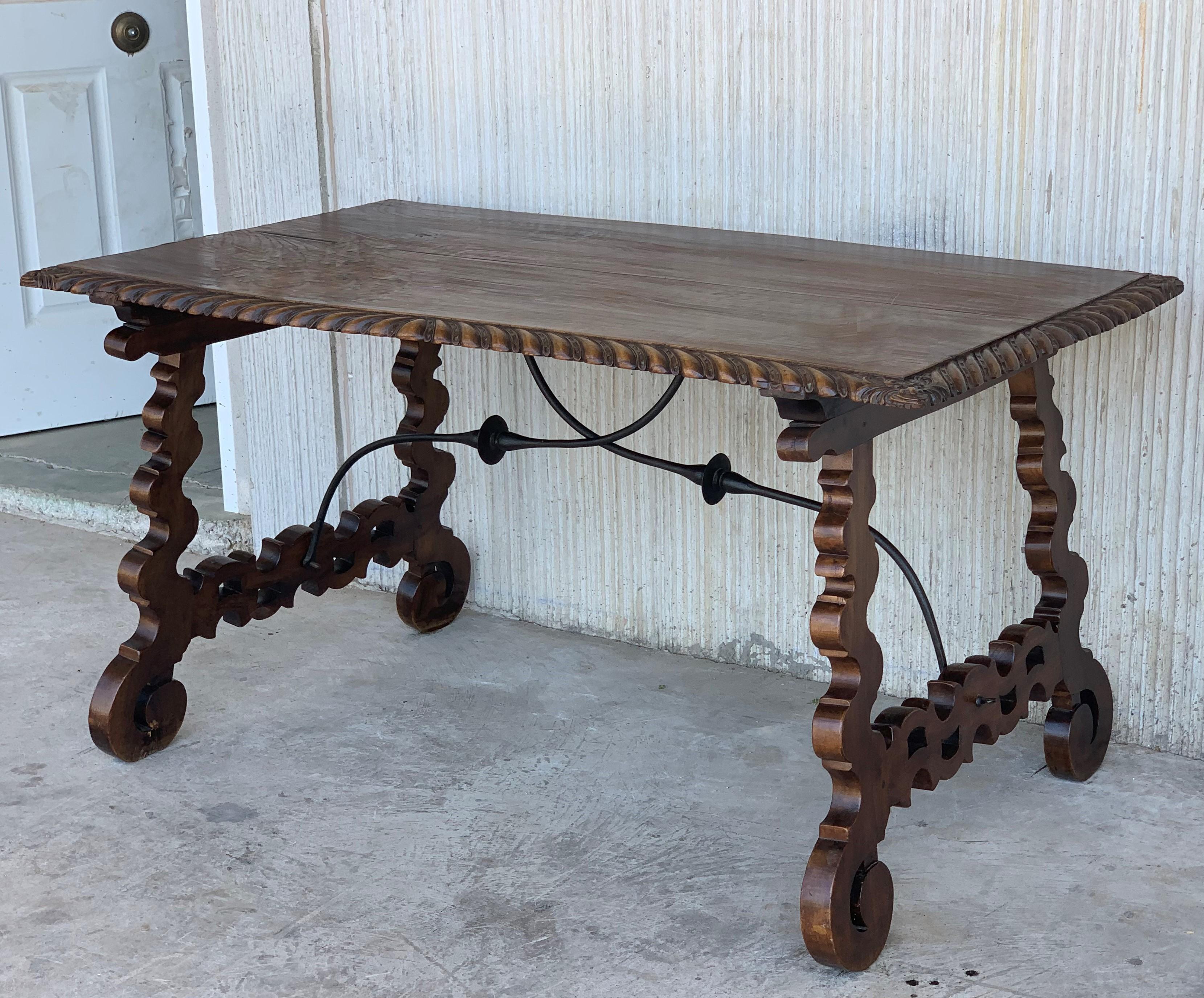 Baroque 18th Century Refectory Spanish Table with Lyre Legs, Carved Edges & Iron Stretch
