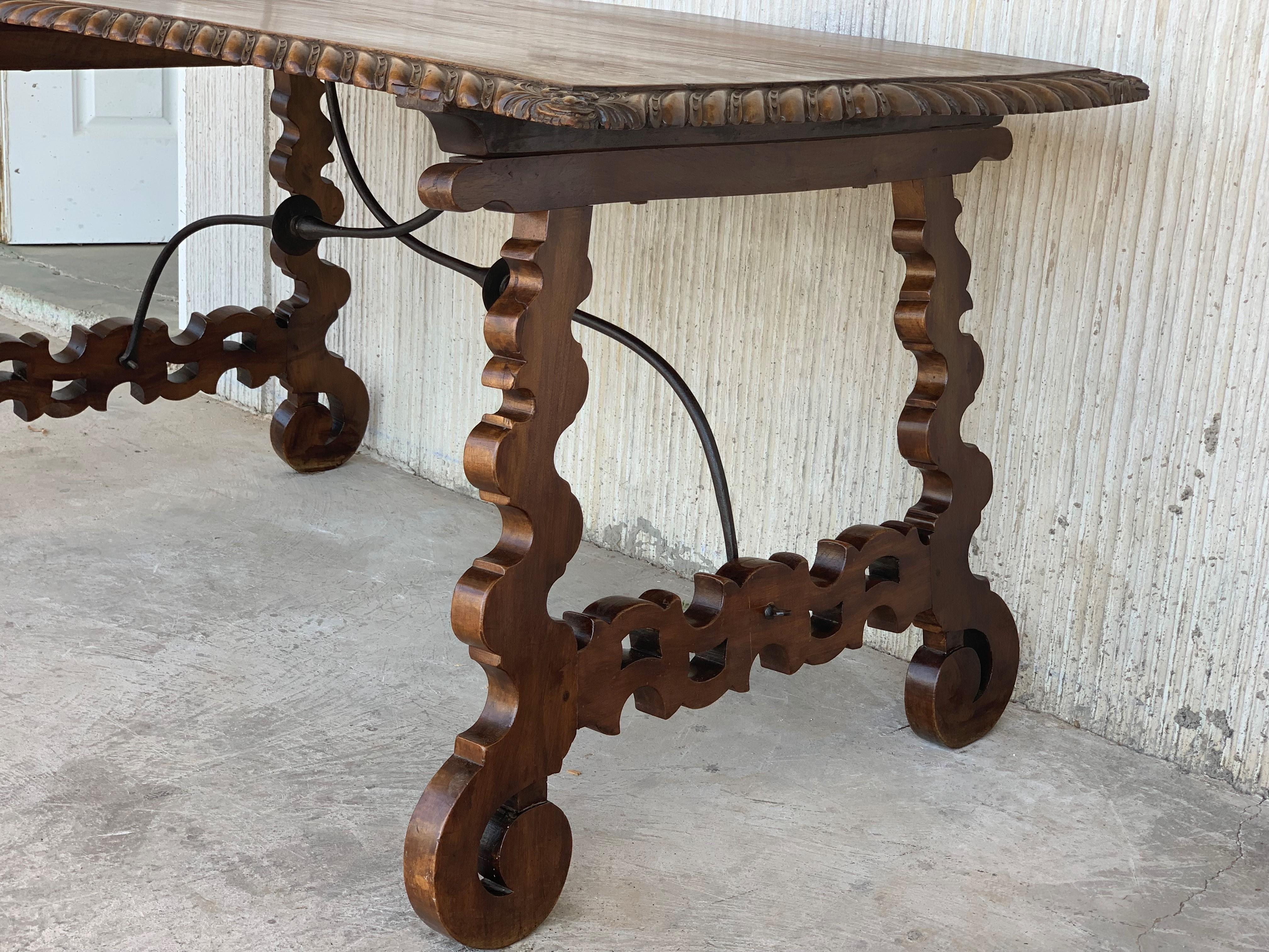 18th Century Refectory Spanish Table with Lyre Legs, Carved Edges & Iron Stretch 1