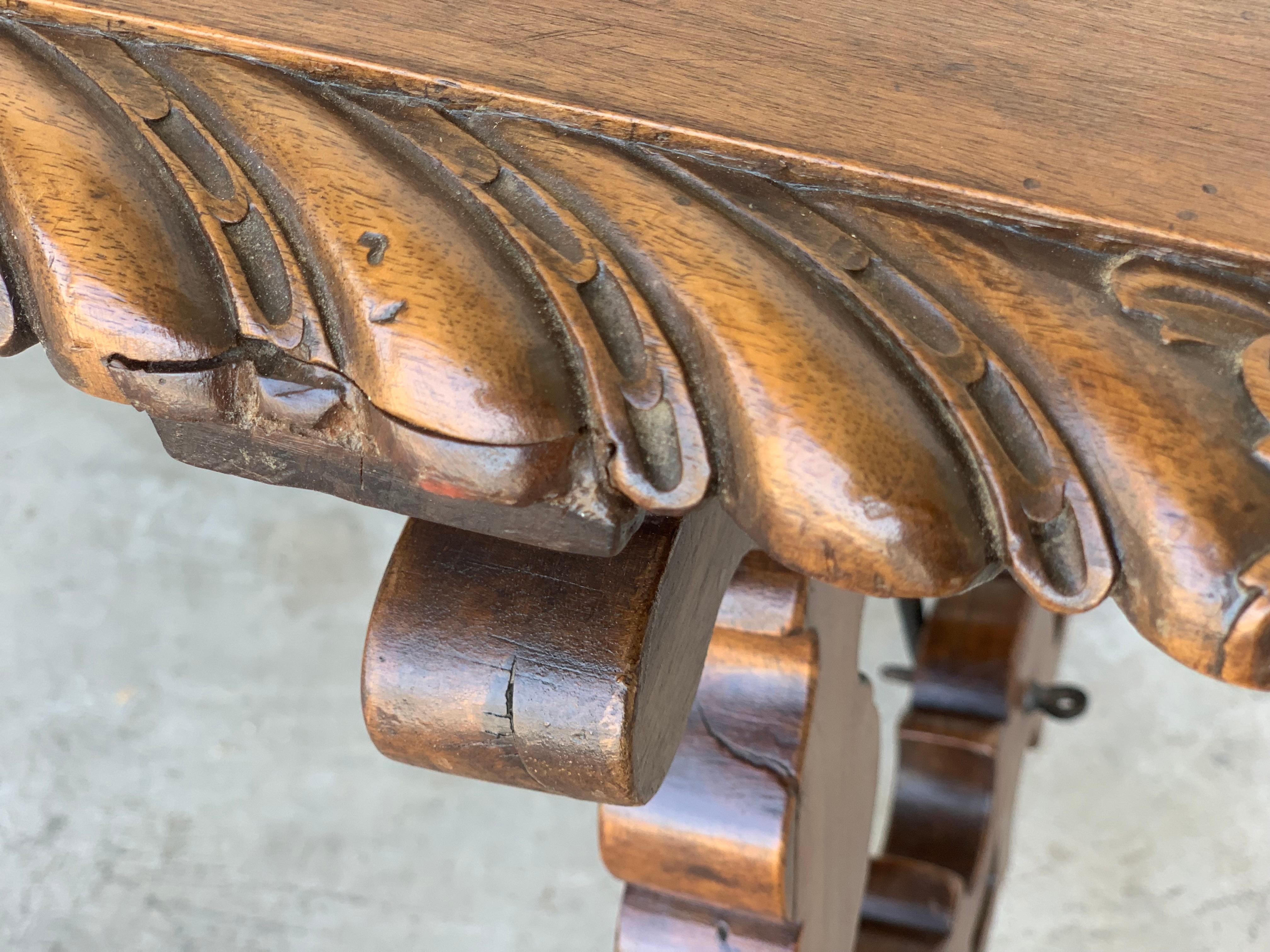 18th Century Refectory Spanish Table with Lyre Legs, Carved Edges & Iron Stretch 4
