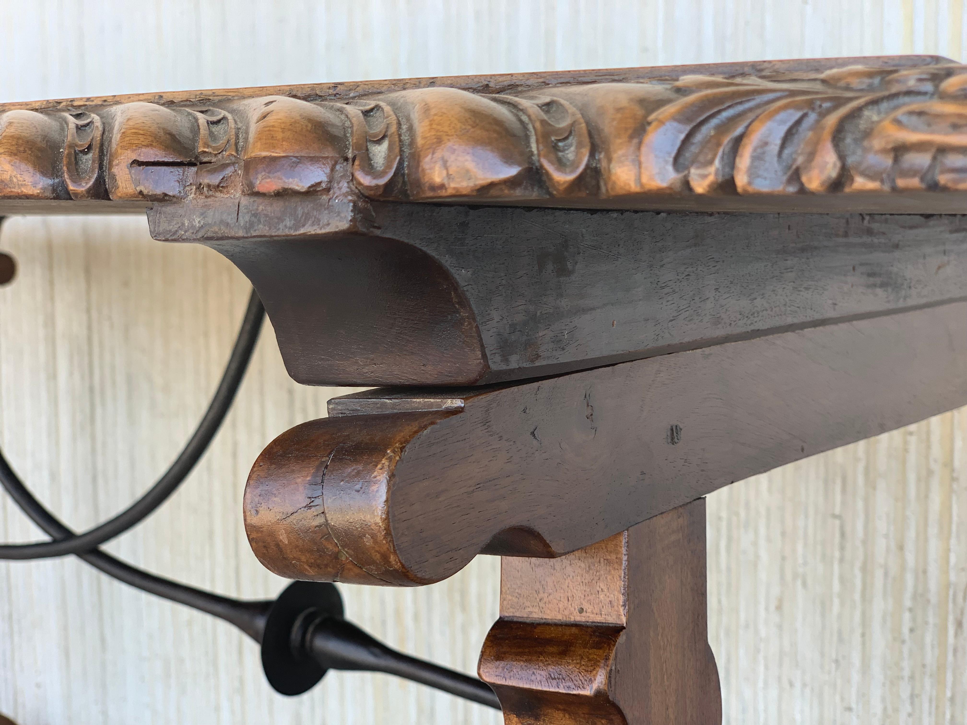 18th Century Refectory Spanish Table with Lyre Legs, Carved Edges & Iron Stretch 5