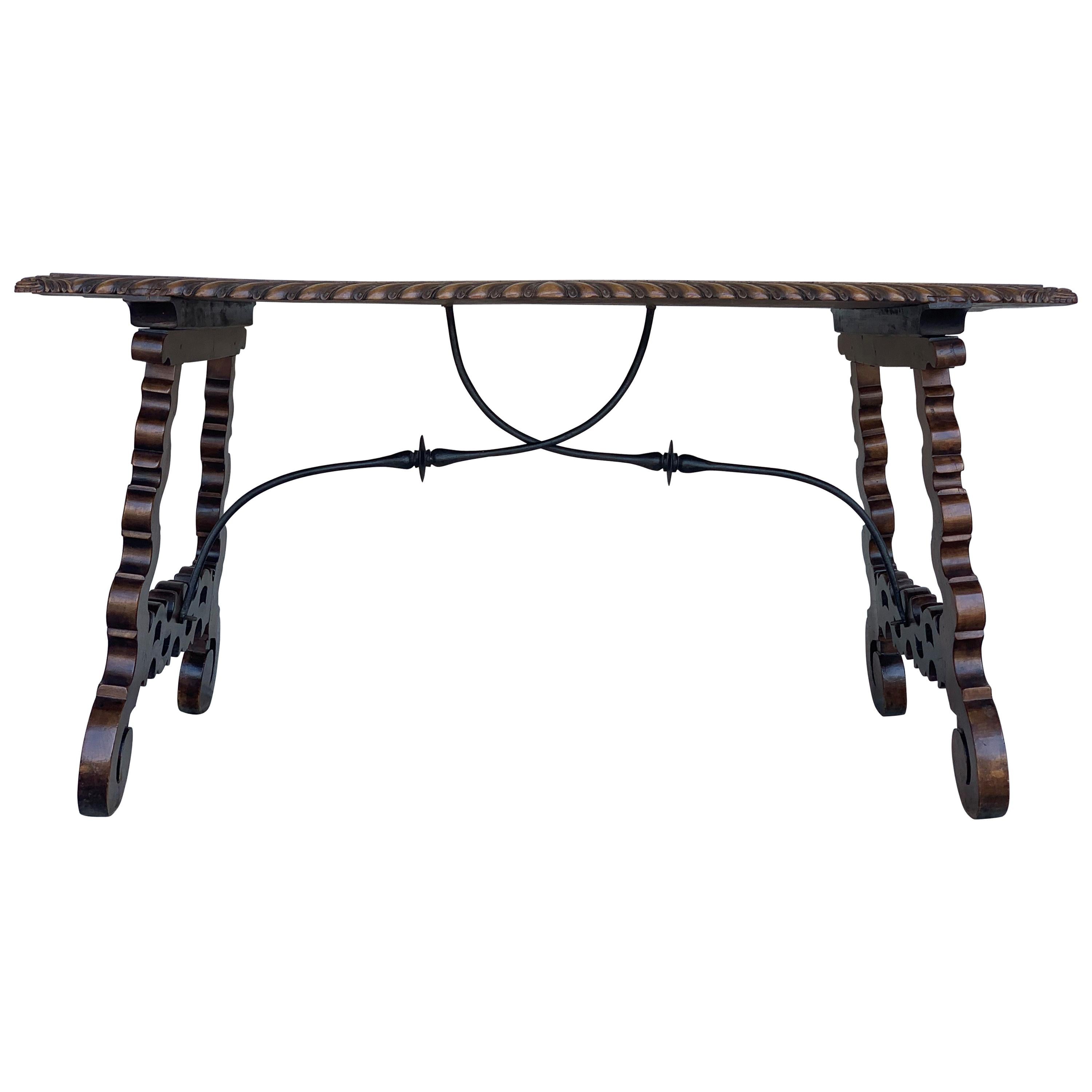 18th Century Refectory Spanish Table with Lyre Legs, Carved Edges & Iron Stretch