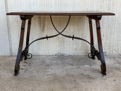 18th Century Refectory Spanish Table with Lyre Legs and Iron Stretch