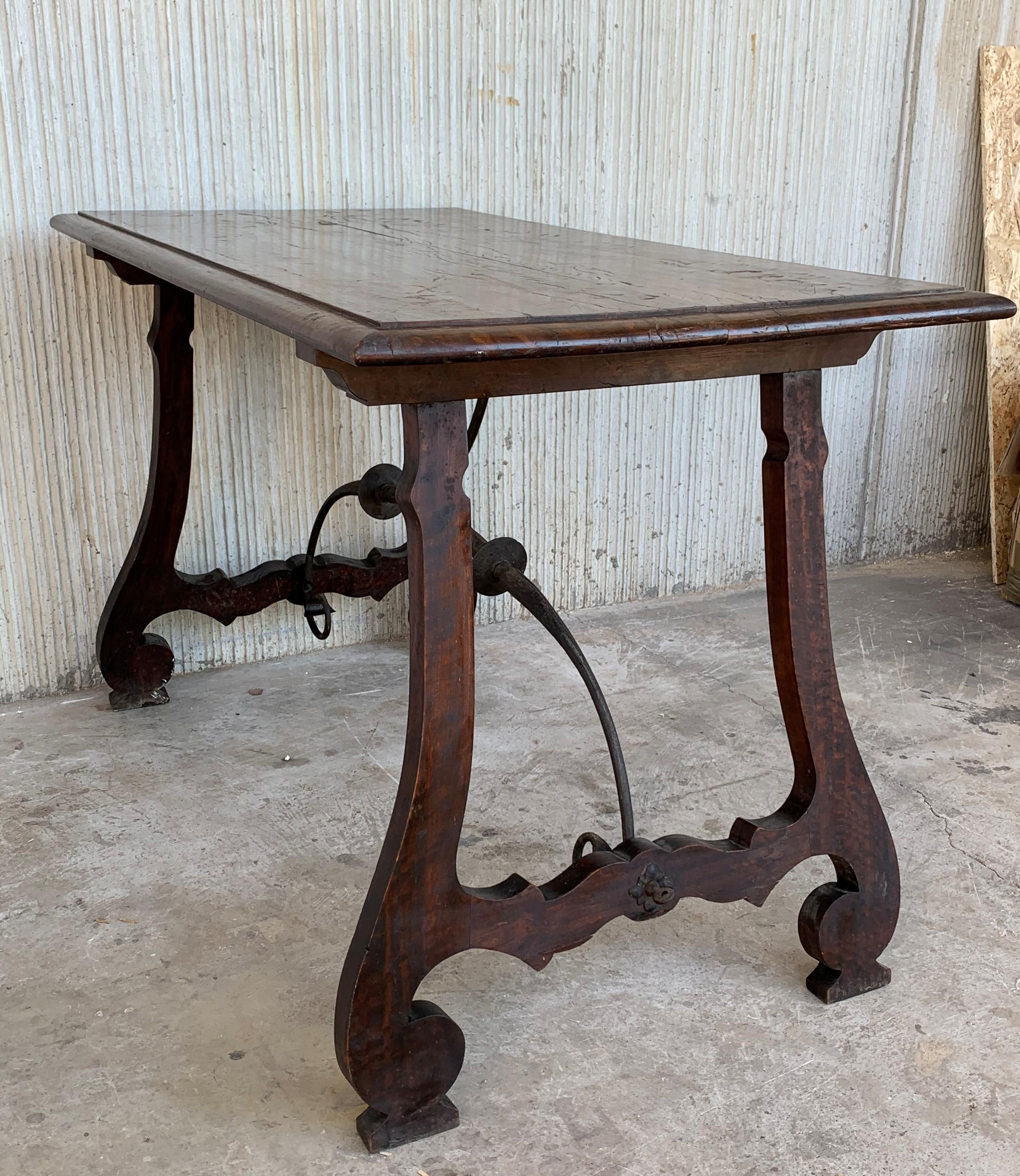 Baroque 18th Century Refectory Spanish Table with Lyre Legs and Iron Stretch For Sale