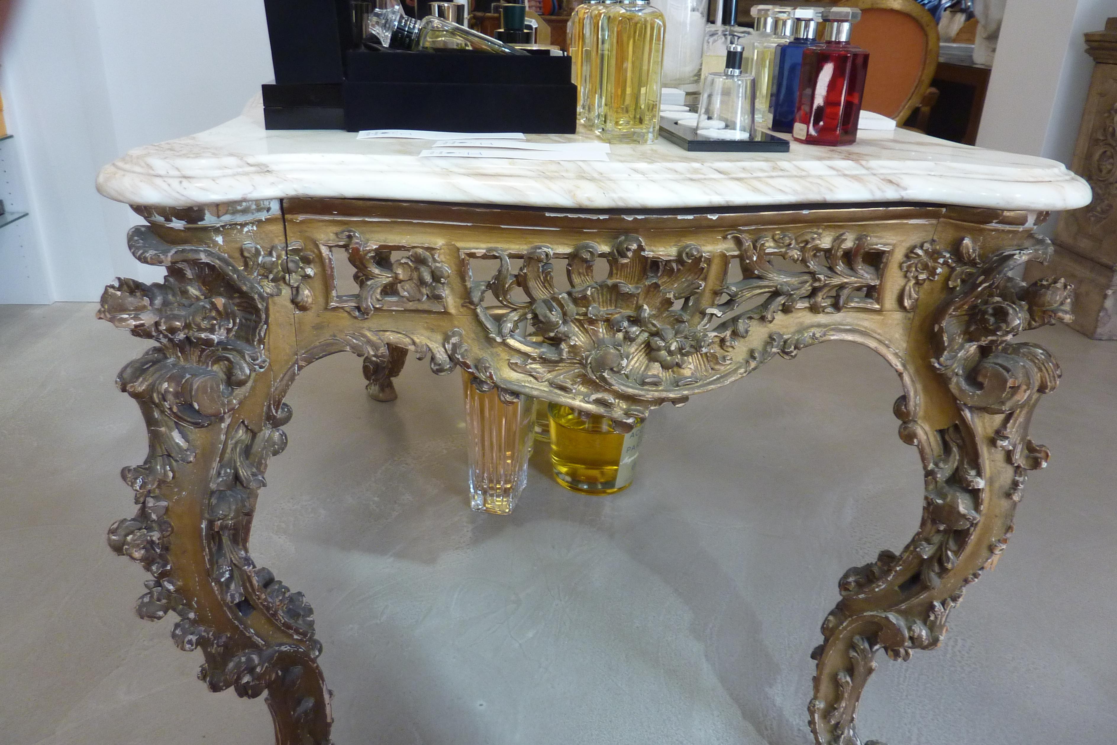 French 18th Century Régence Gilded Center Console Table with Marble Top For Sale