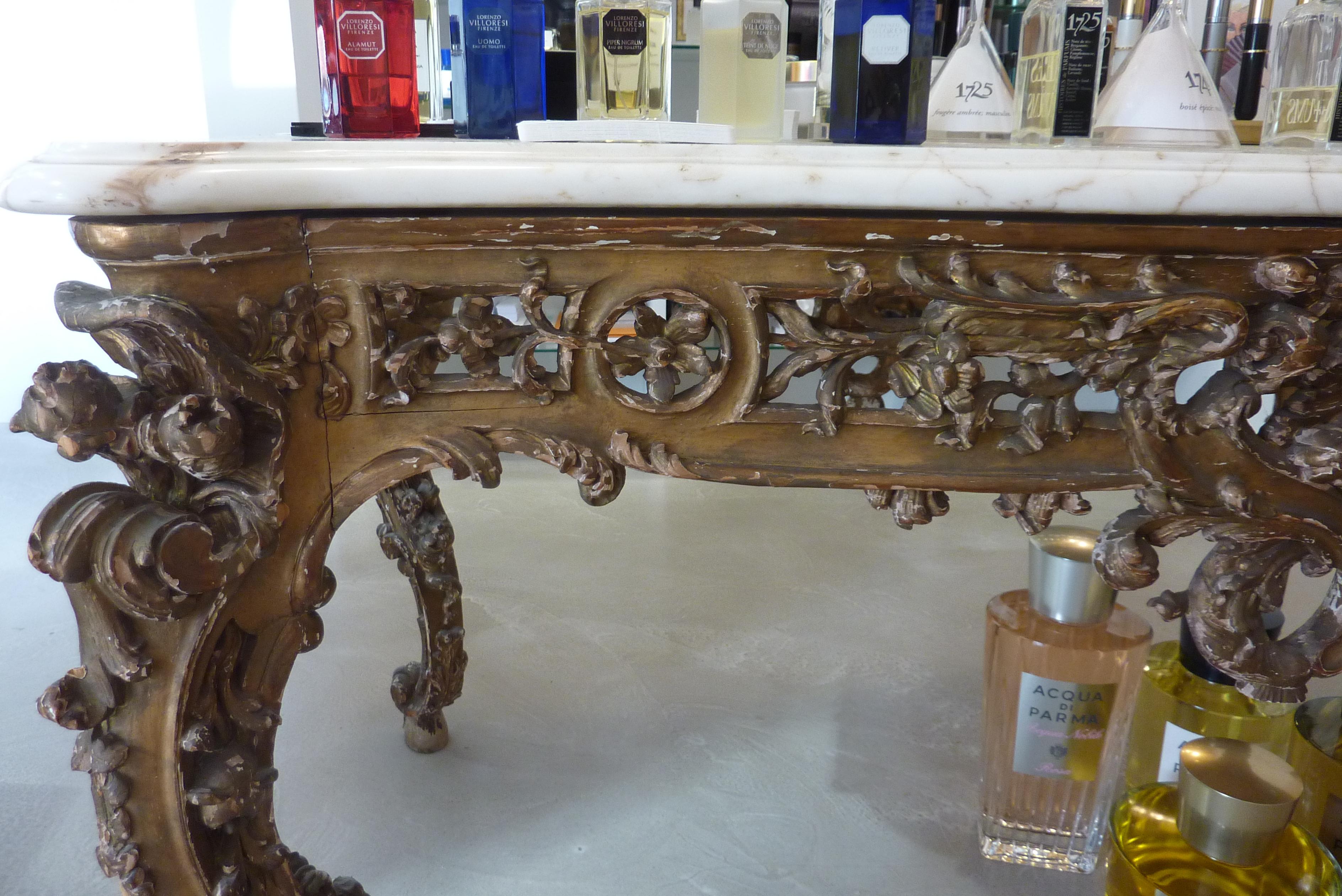 Hand-Carved 18th Century Régence Gilded Center Console Table with Marble Top For Sale