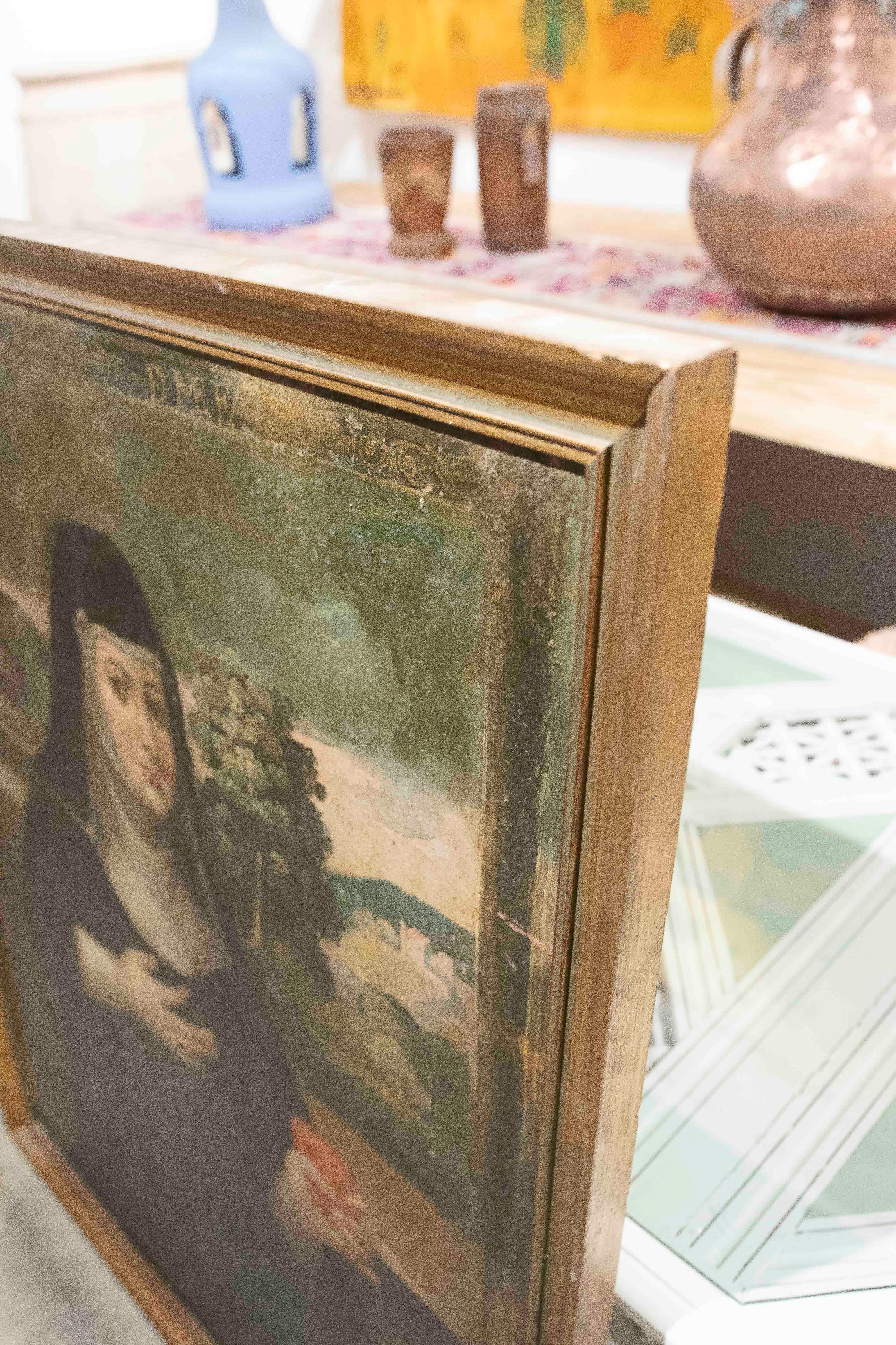 Quadro religioso del XVIII secolo raffigurante una suora dipinto a olio su tela con cornice in vendita 5