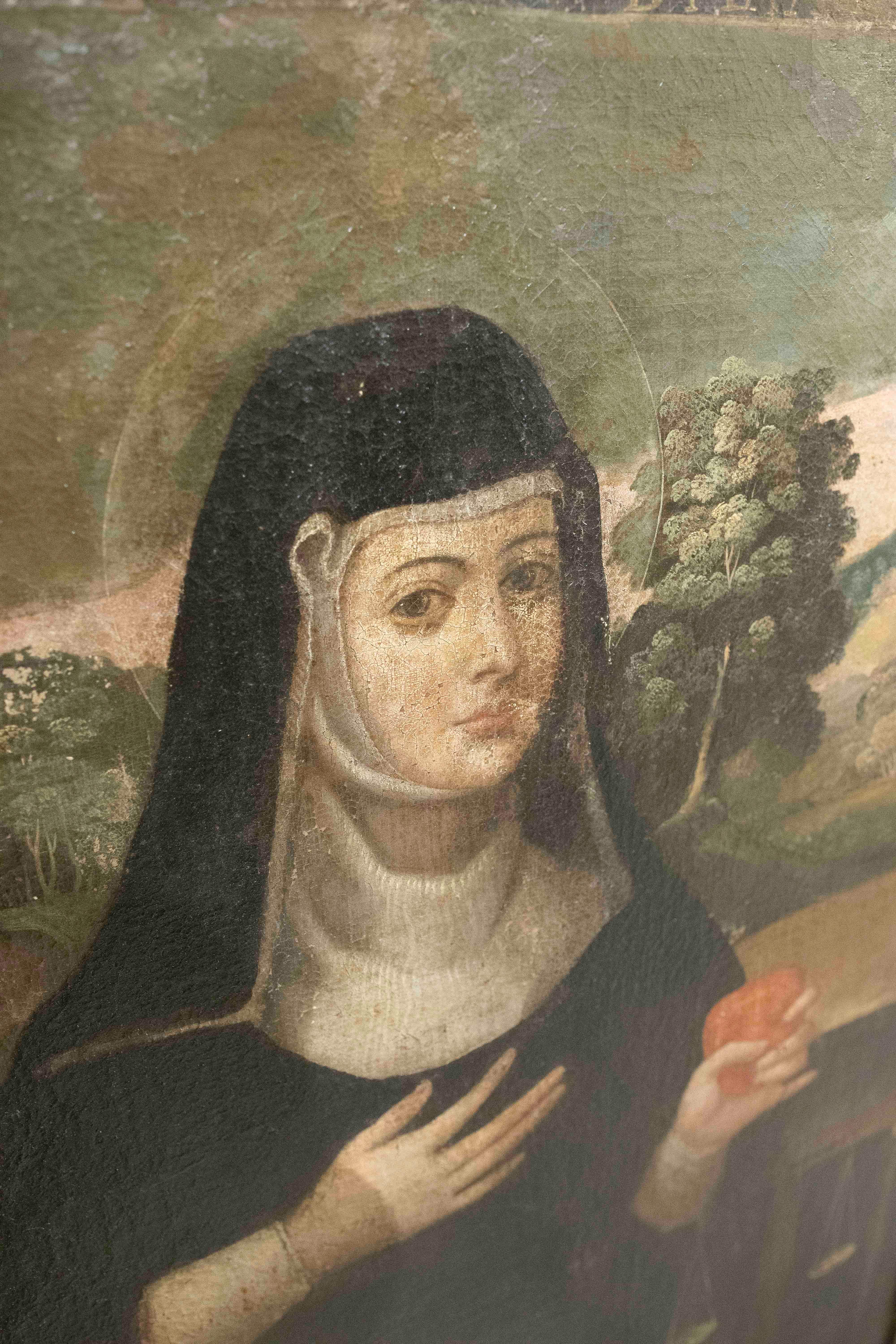 Fino al XVIII secolo Quadro religioso del XVIII secolo raffigurante una suora dipinto a olio su tela con cornice in vendita