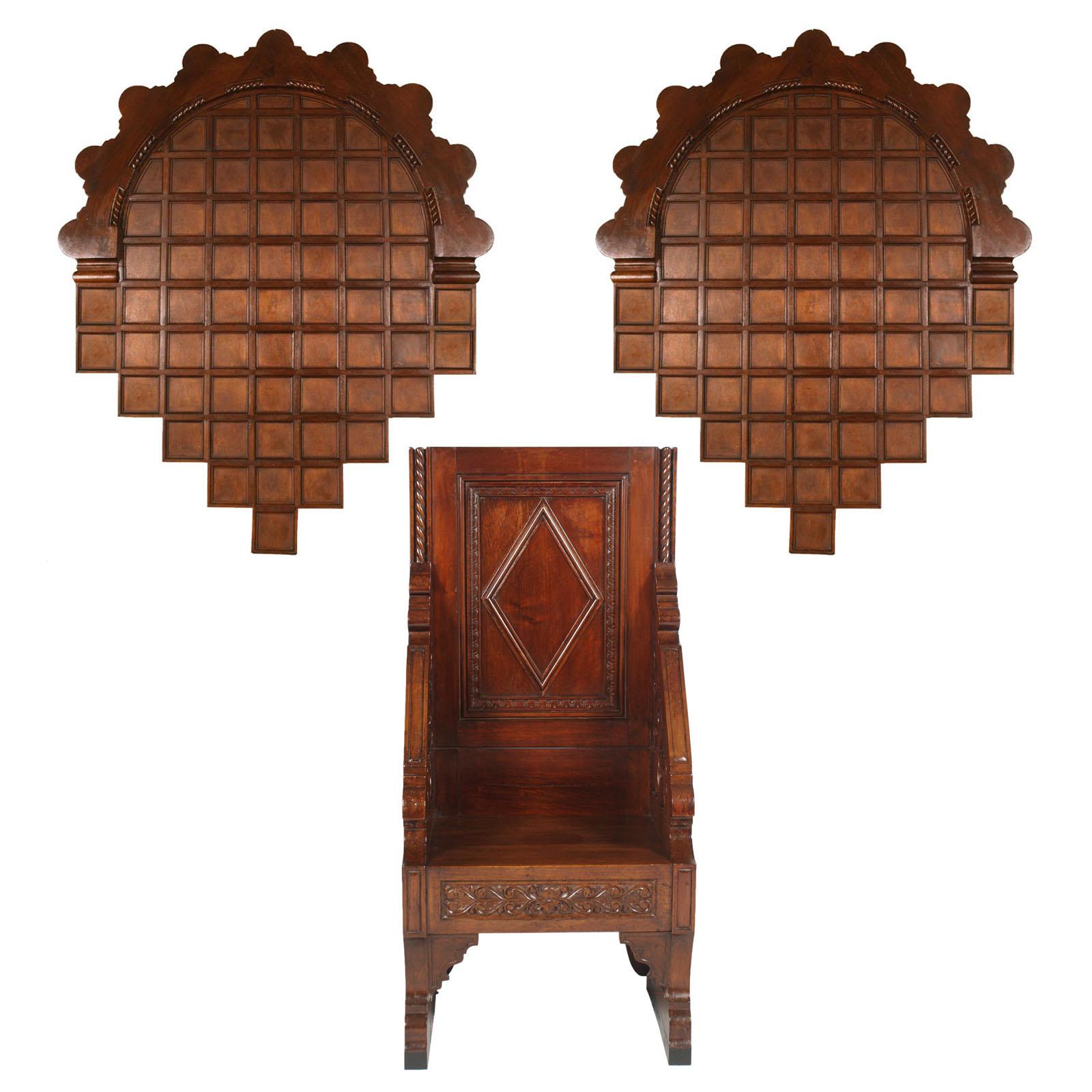 18th Century Renaissance Hand-Carved Throne, Walnut Armchair with Two Crowns For Sale