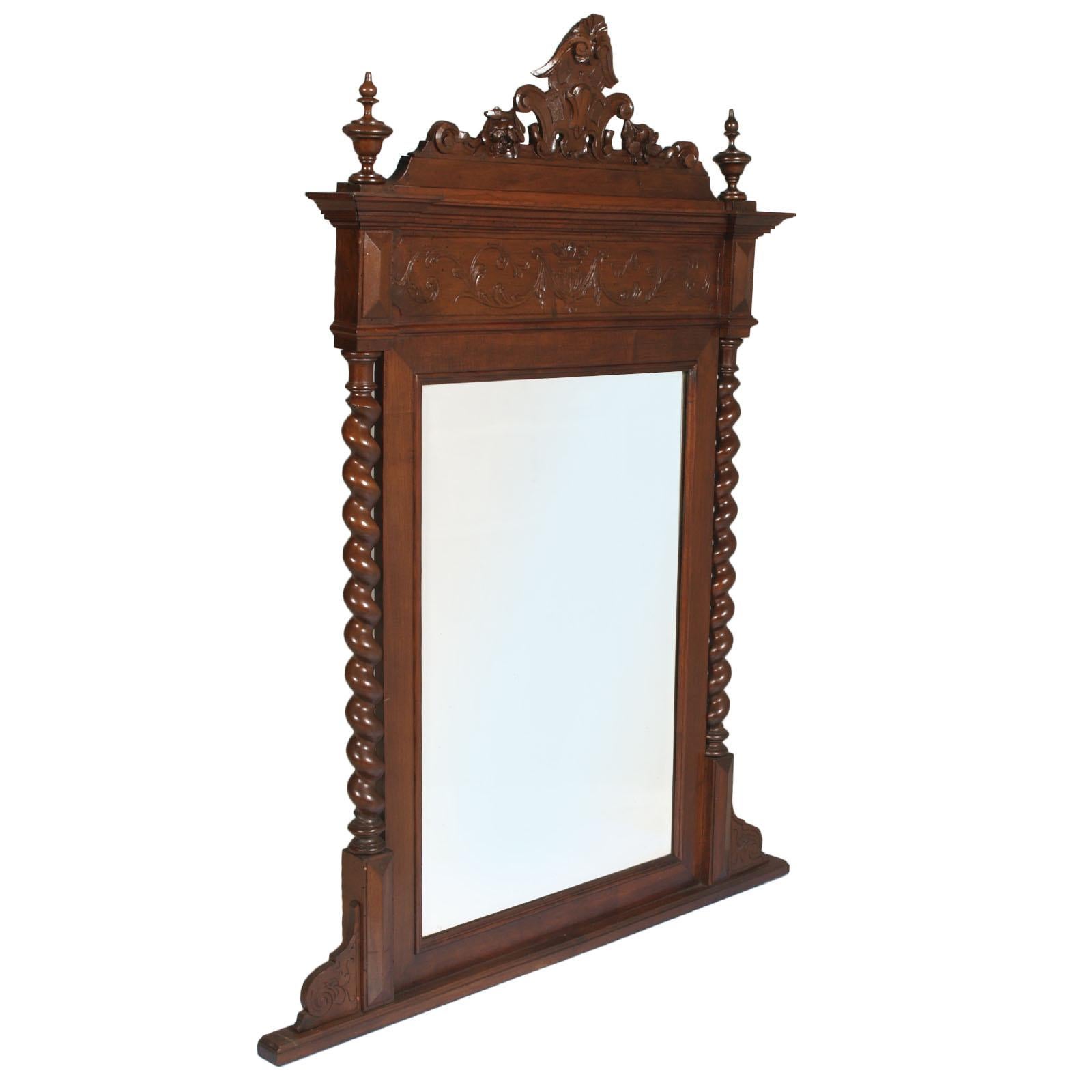 19th Century Renaissance Wall Mirror by Ballario-Asti, Carved and Turned Walnut For Sale