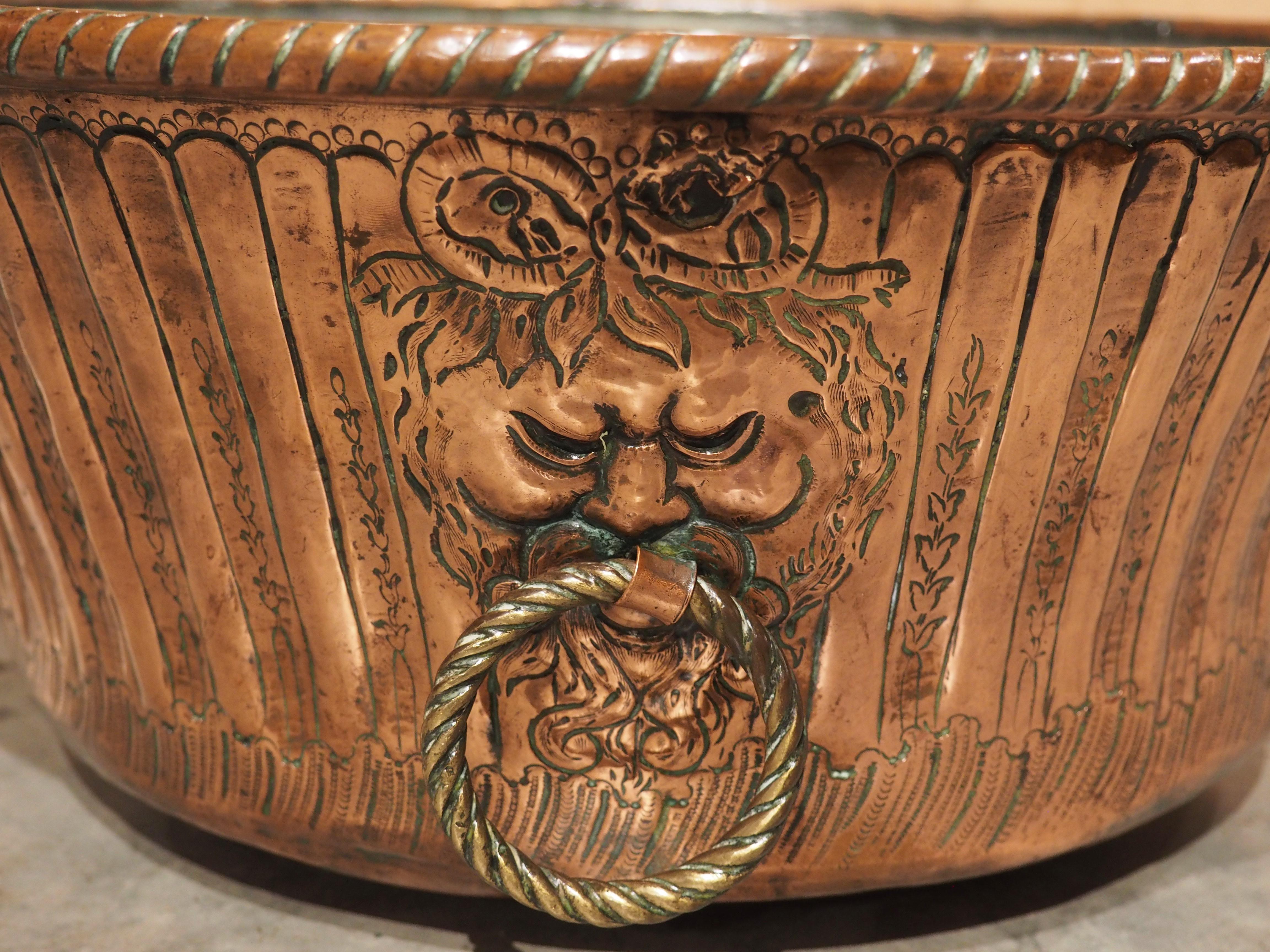 Repoussé 18th Century Repousse Decorated Copper Chaudron from France For Sale
