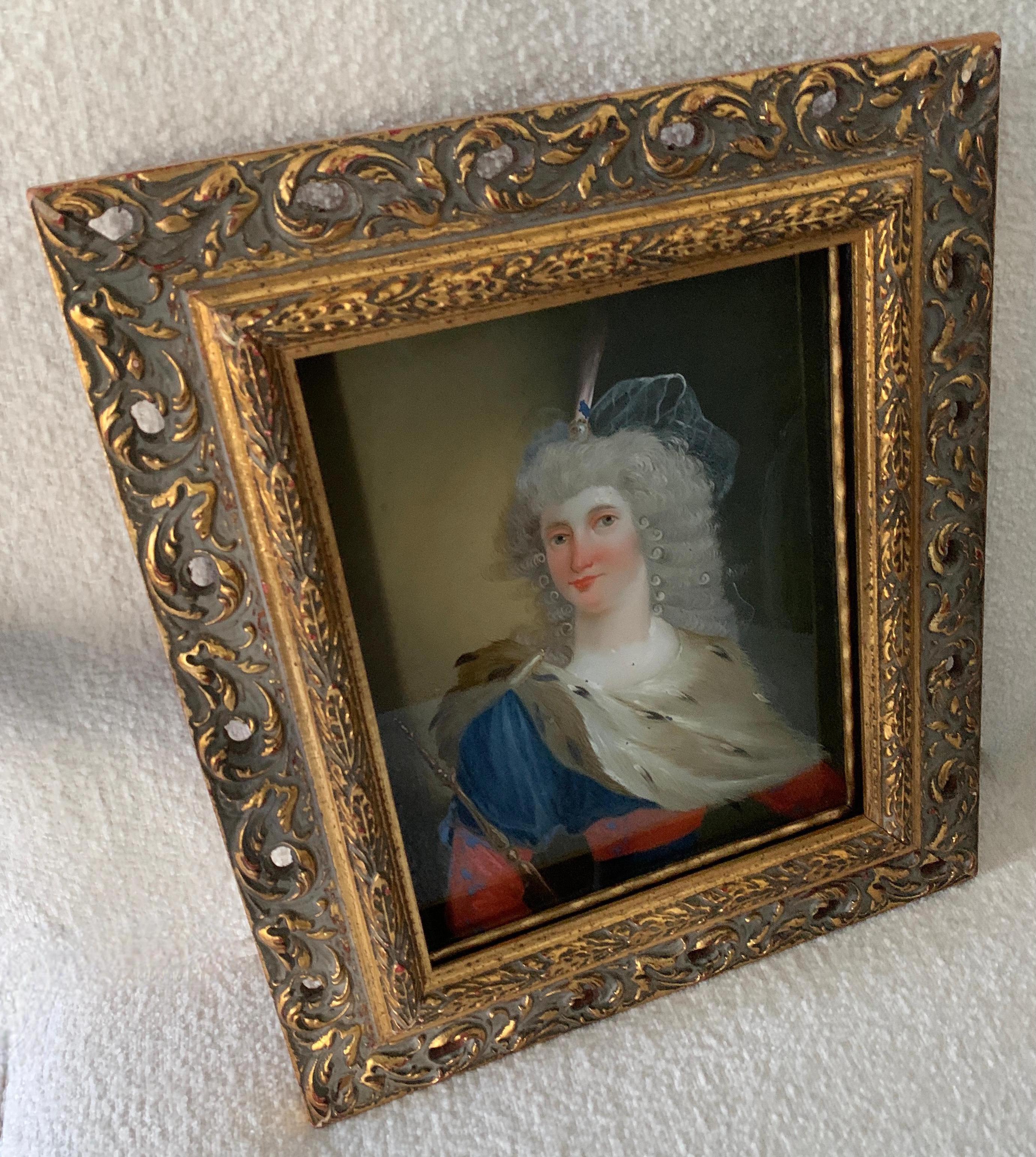 18th Century Reverse Painted Image on Glass in a Gilt Frame For Sale 7