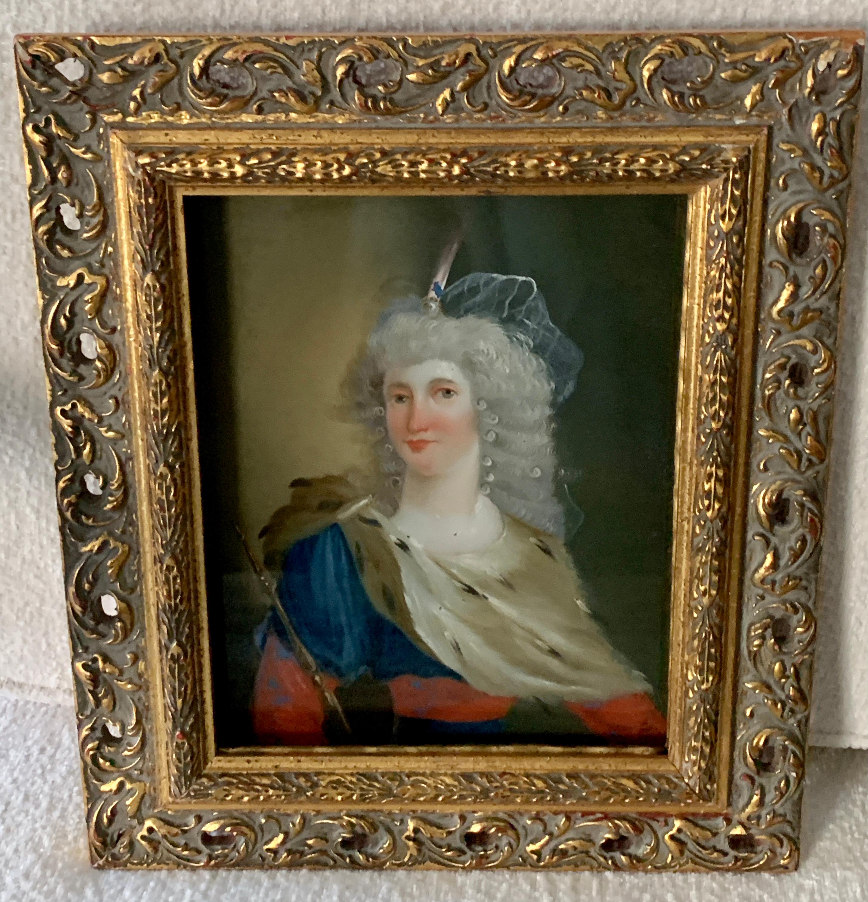 European 18th Century Reverse Painted Image on Glass in a Gilt Frame For Sale