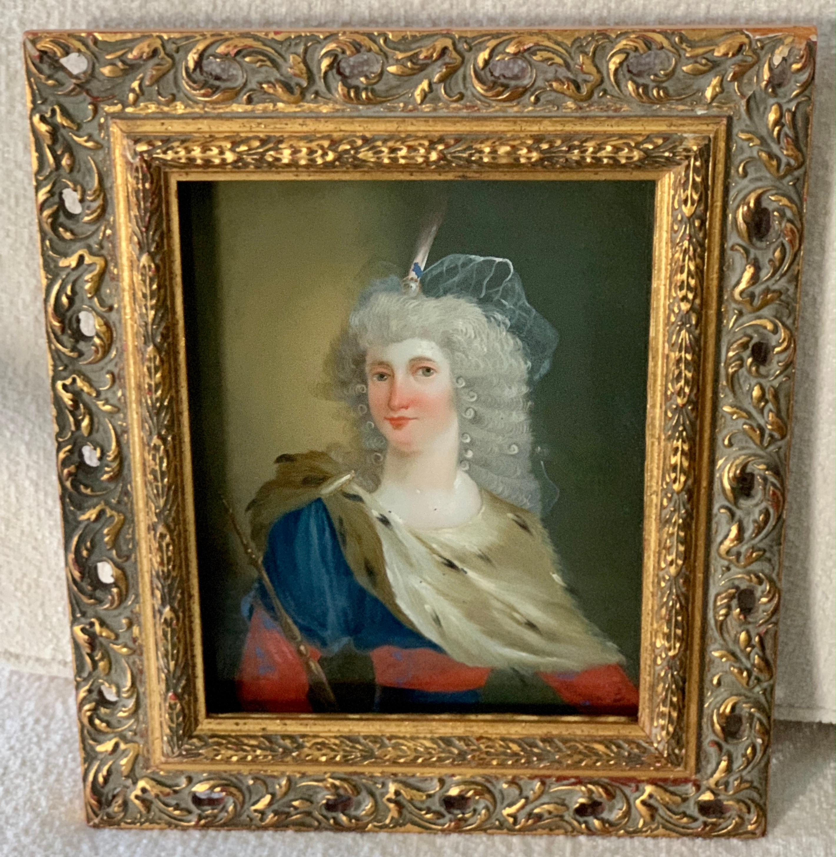 18th Century and Earlier 18th Century Reverse Painted Image on Glass in a Gilt Frame For Sale