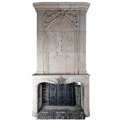 18th Century Richly Carved French Limestone Mantelpiece with Original Trumeau