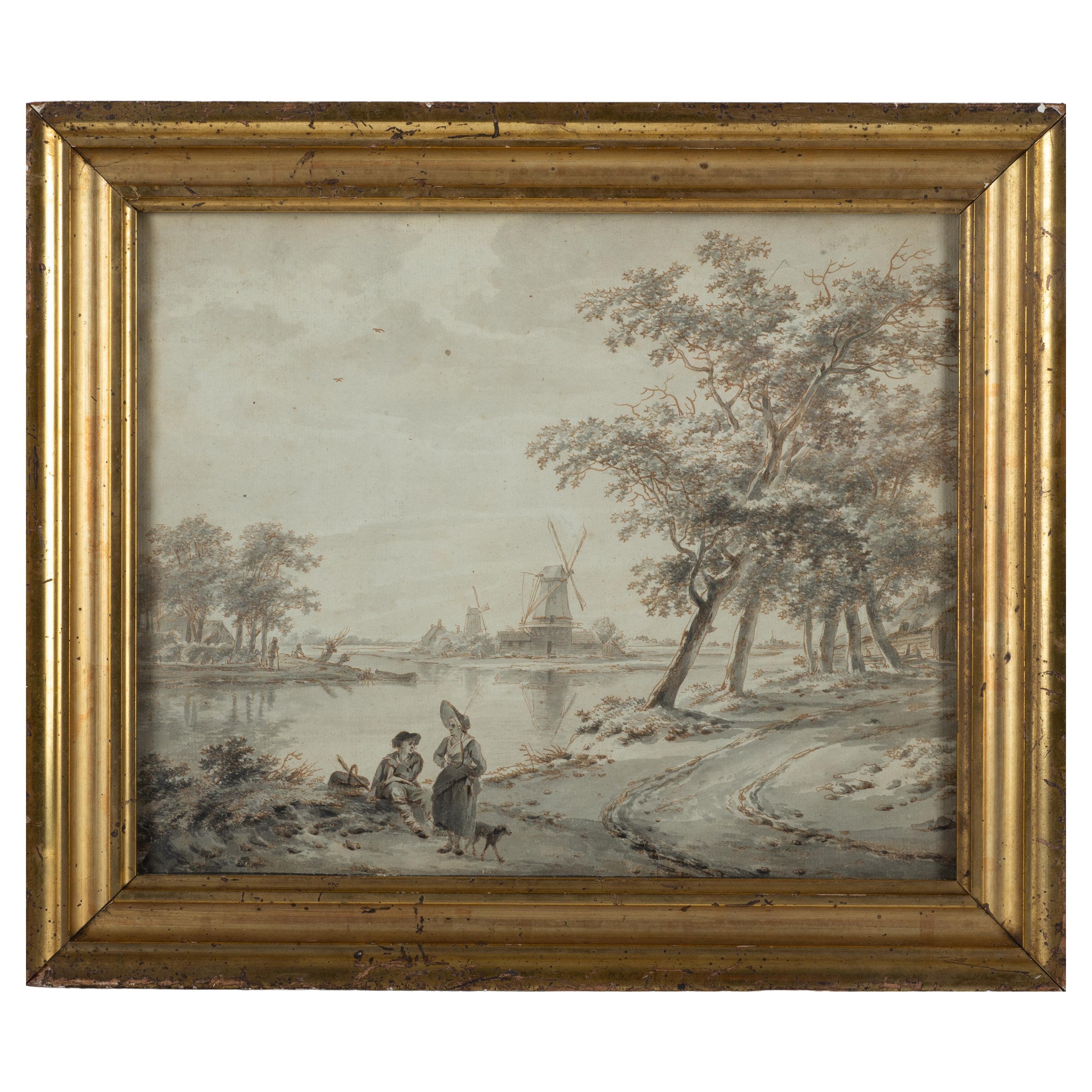 Dibujo de paisaje fluvial del siglo XVIII, escuela holandesa