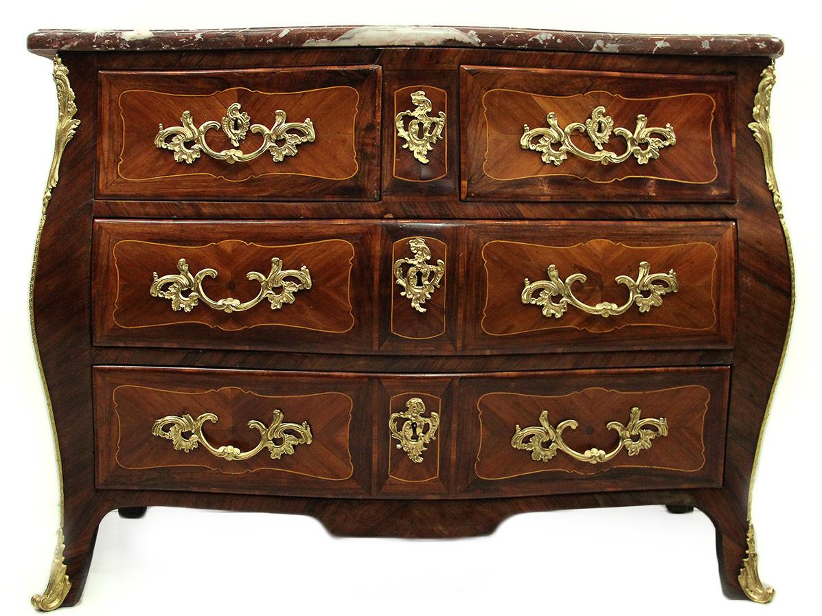 Rococo 18th Century Rocaille Curved Commode/Chest with Royal Red Marble Top For Sale