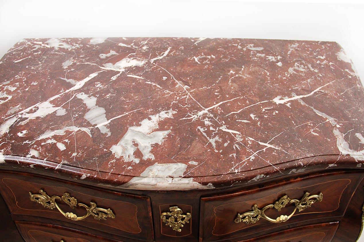 French 18th Century Rocaille Curved Commode/Chest with Royal Red Marble Top For Sale
