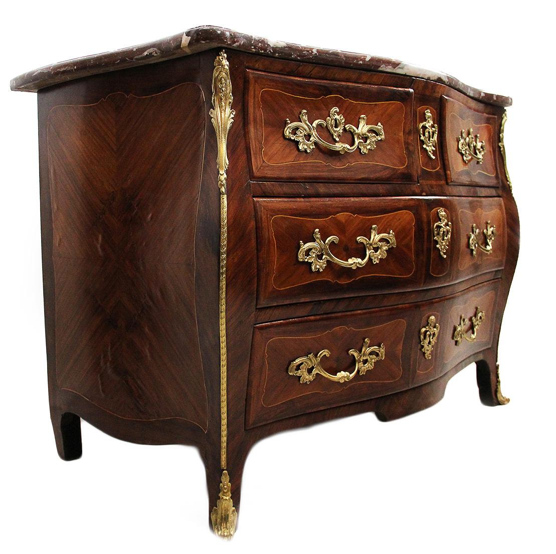 Marquetry 18th Century Rocaille Curved Commode/Chest with Royal Red Marble Top For Sale