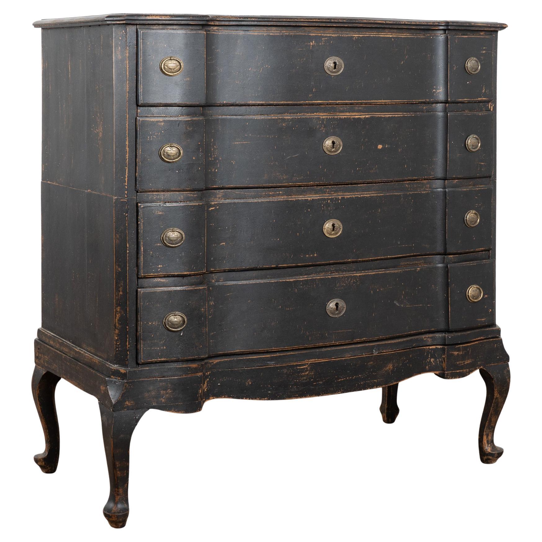 18th Century Rococo Black Painted Oak Chest of Four Drawers For Sale