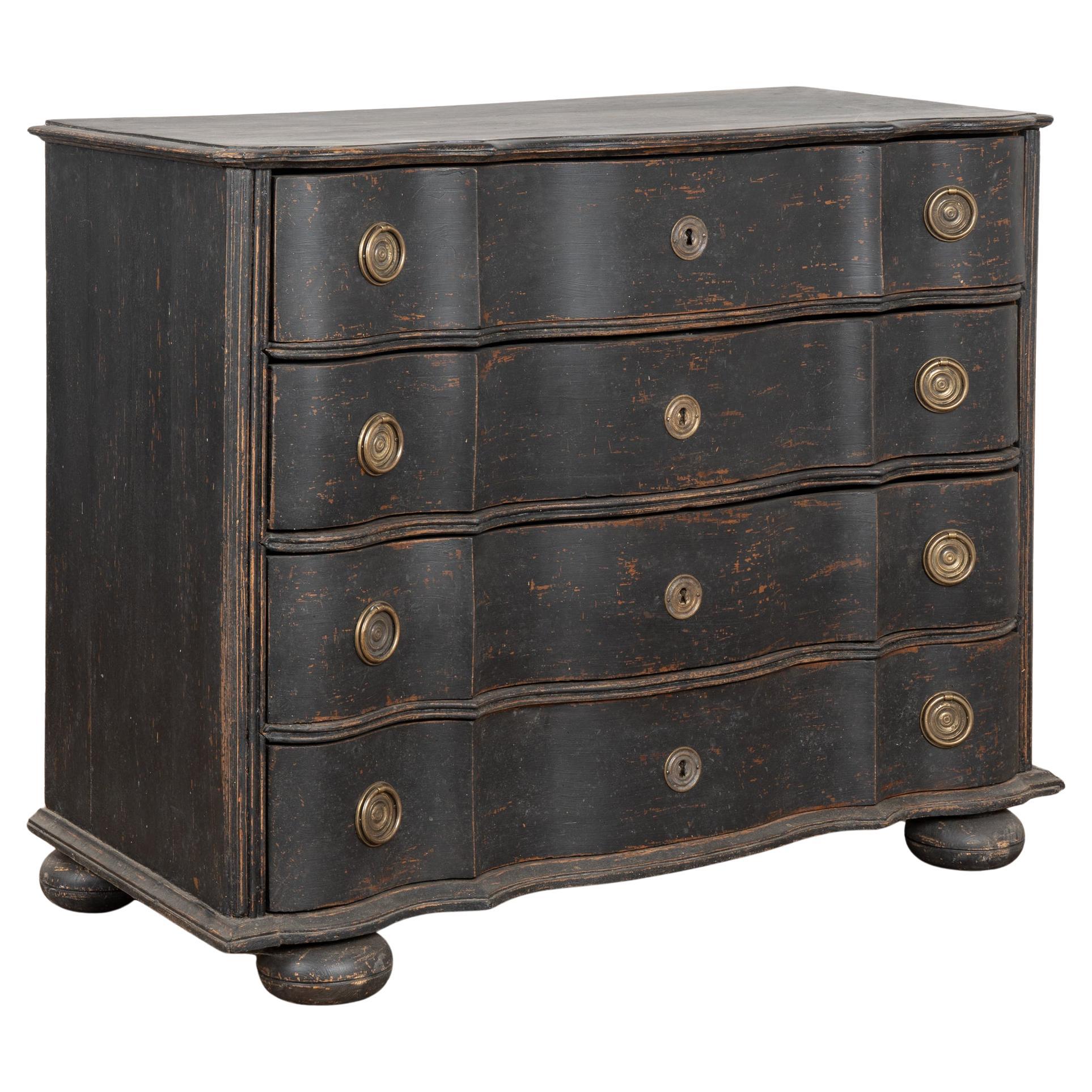 18th Century Rococo Black Painted Pine Large Chest of Four Drawers, Denmark