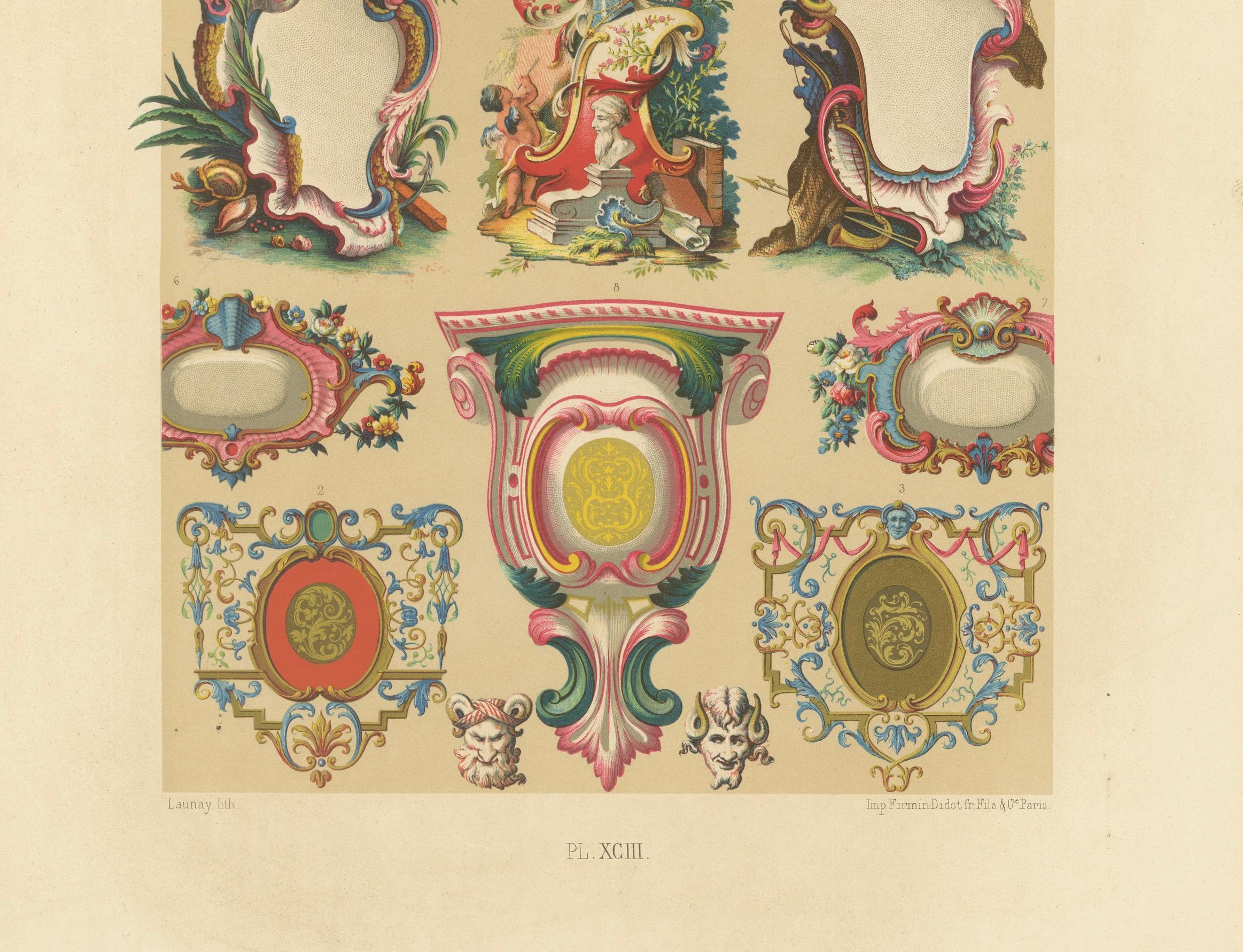 Cartouches et cadres décoratifs rococo du XVIIIe siècle - Ornementation française, planche XCIII

Cette vivante chromolithographie, la Collection XCIII de *L'Ornement Polychrome*, présente une exubérante collection de cartouches français du XVIIIe