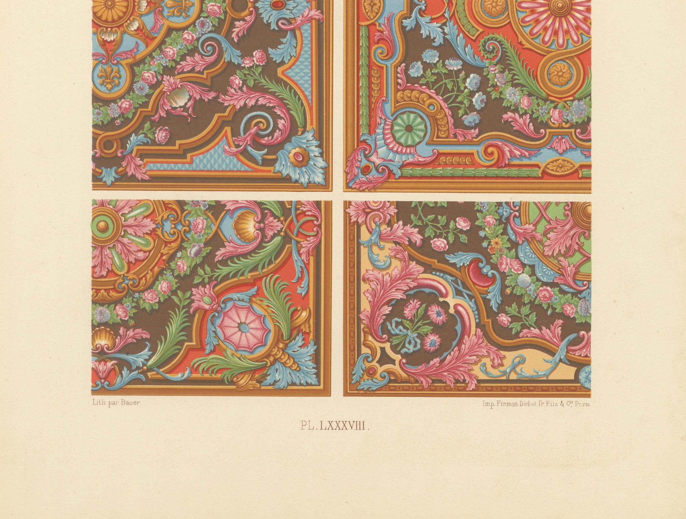 Plafond et panneau rococo du XVIIIe siècle - Rouleaux floraux français, planche LXXXVIII

Cette vibrante chromolithographie, la planche LXXXVIII de L'Ornement Polychrome, présente une sélection d'exubérants motifs décoratifs rococo de la France du