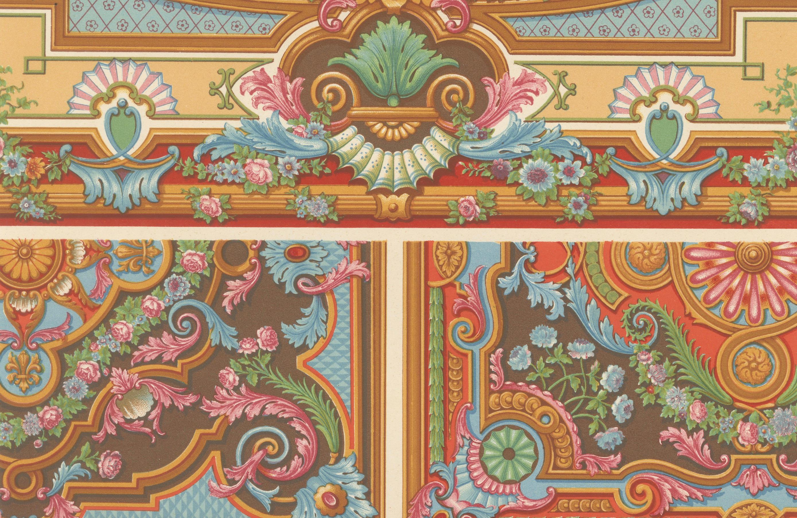 XIXe siècle Plafond et panneau rococo du XVIIIe siècle - Rouleaux floraux français, 1869 en vente