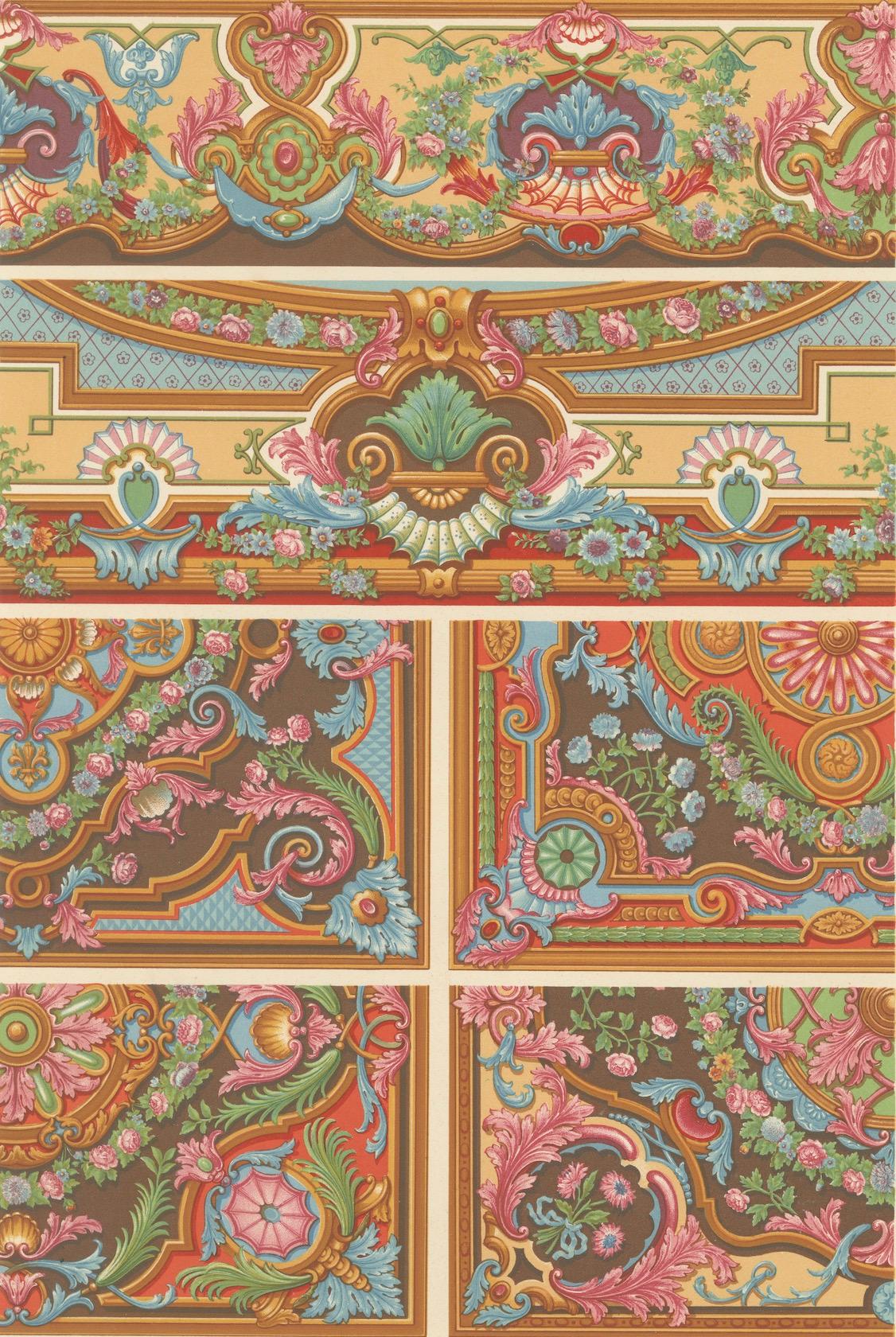 Papier Plafond et panneau rococo du XVIIIe siècle - Rouleaux floraux français, 1869 en vente