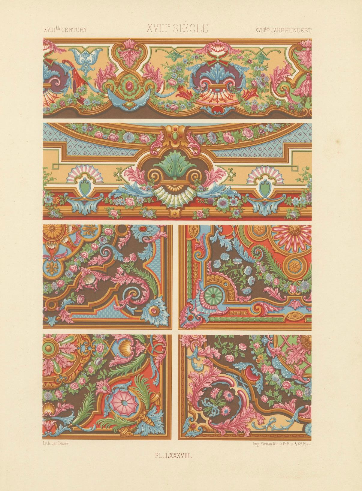 Plafond et panneau rococo du XVIIIe siècle - Rouleaux floraux français, 1869 en vente 1
