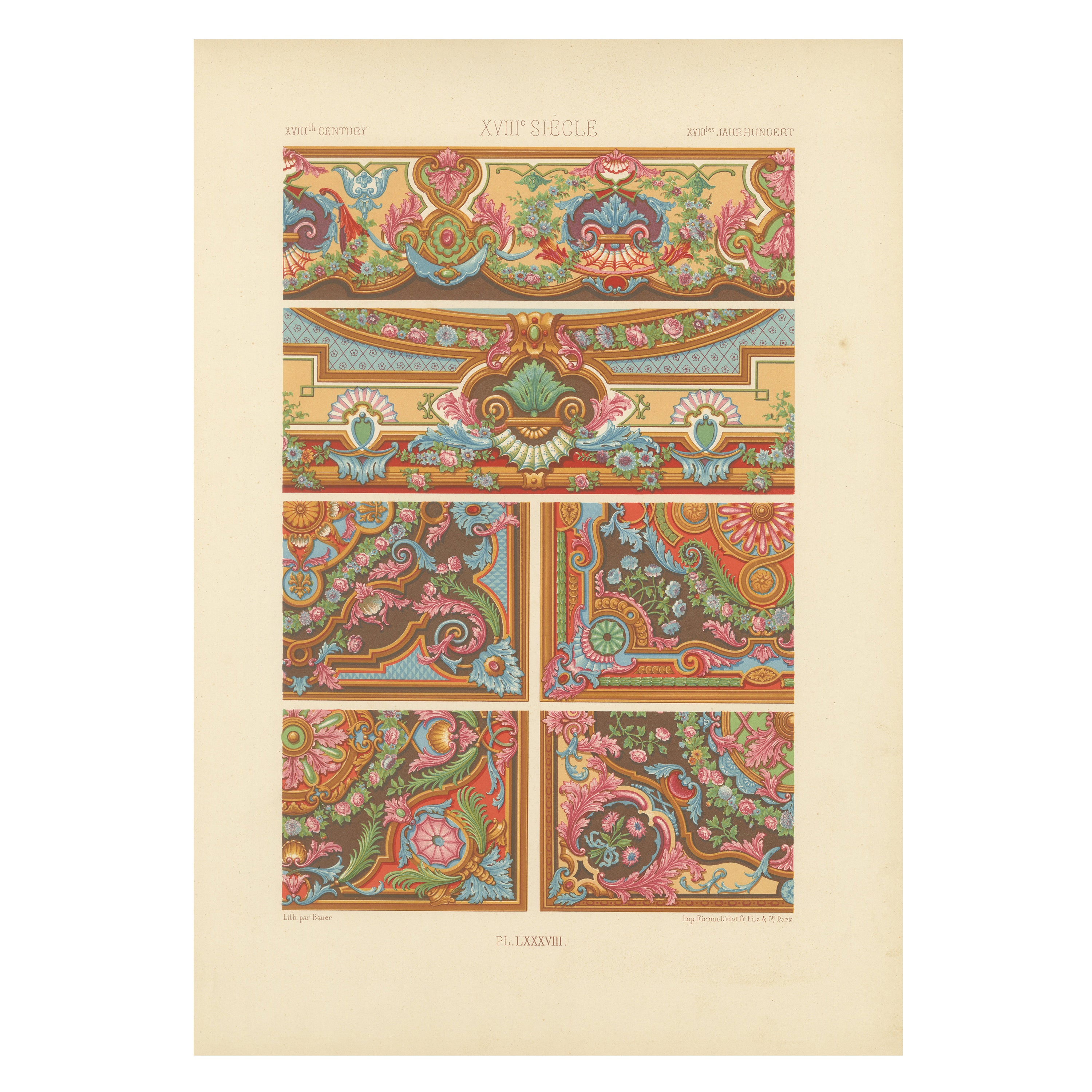 Plafond et panneau rococo du XVIIIe siècle - Rouleaux floraux français, 1869