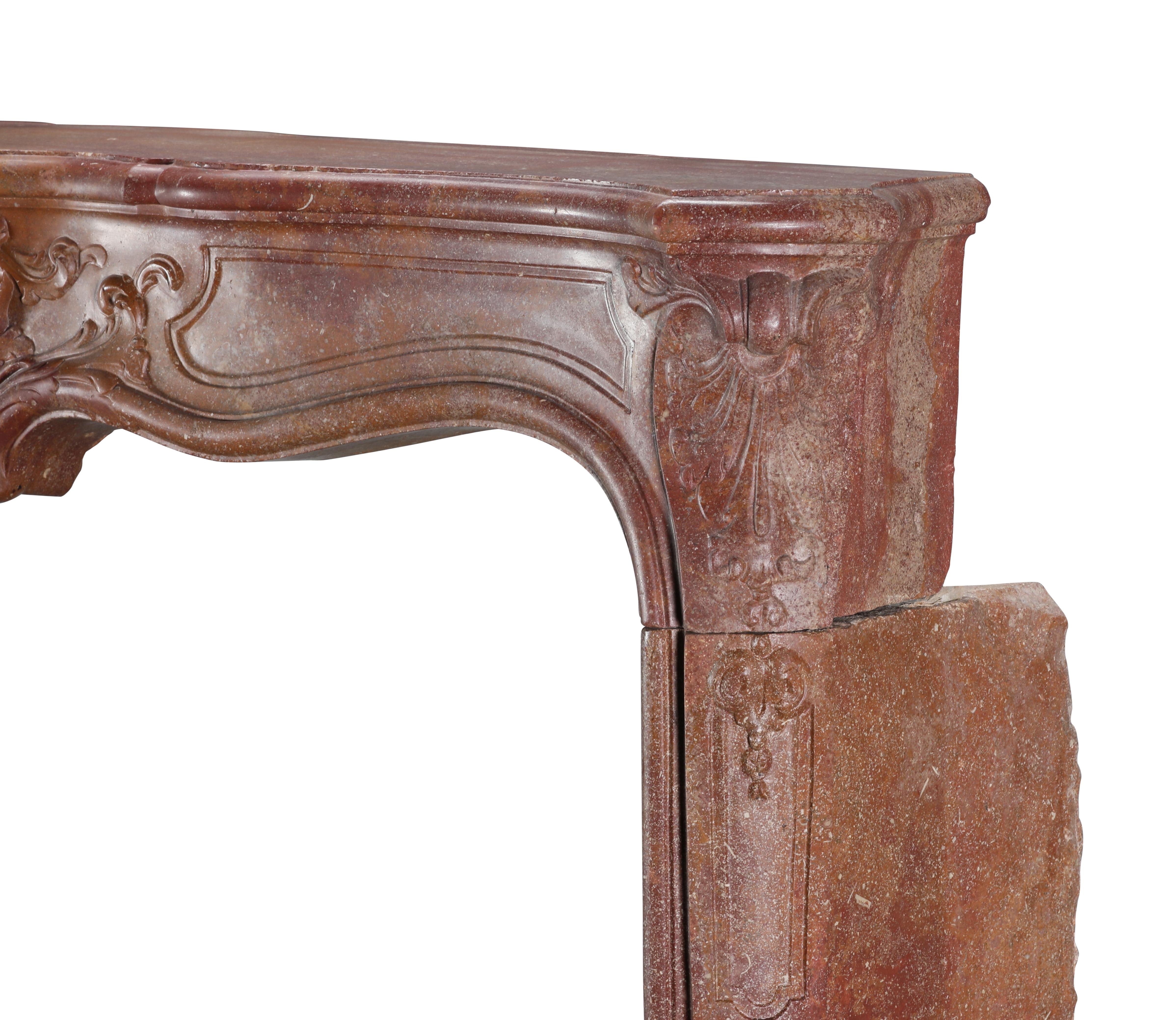 18th Century Rococo Fireplace Mantel In Reddish-Brown or Porphyry-Like Stone For Sale 8