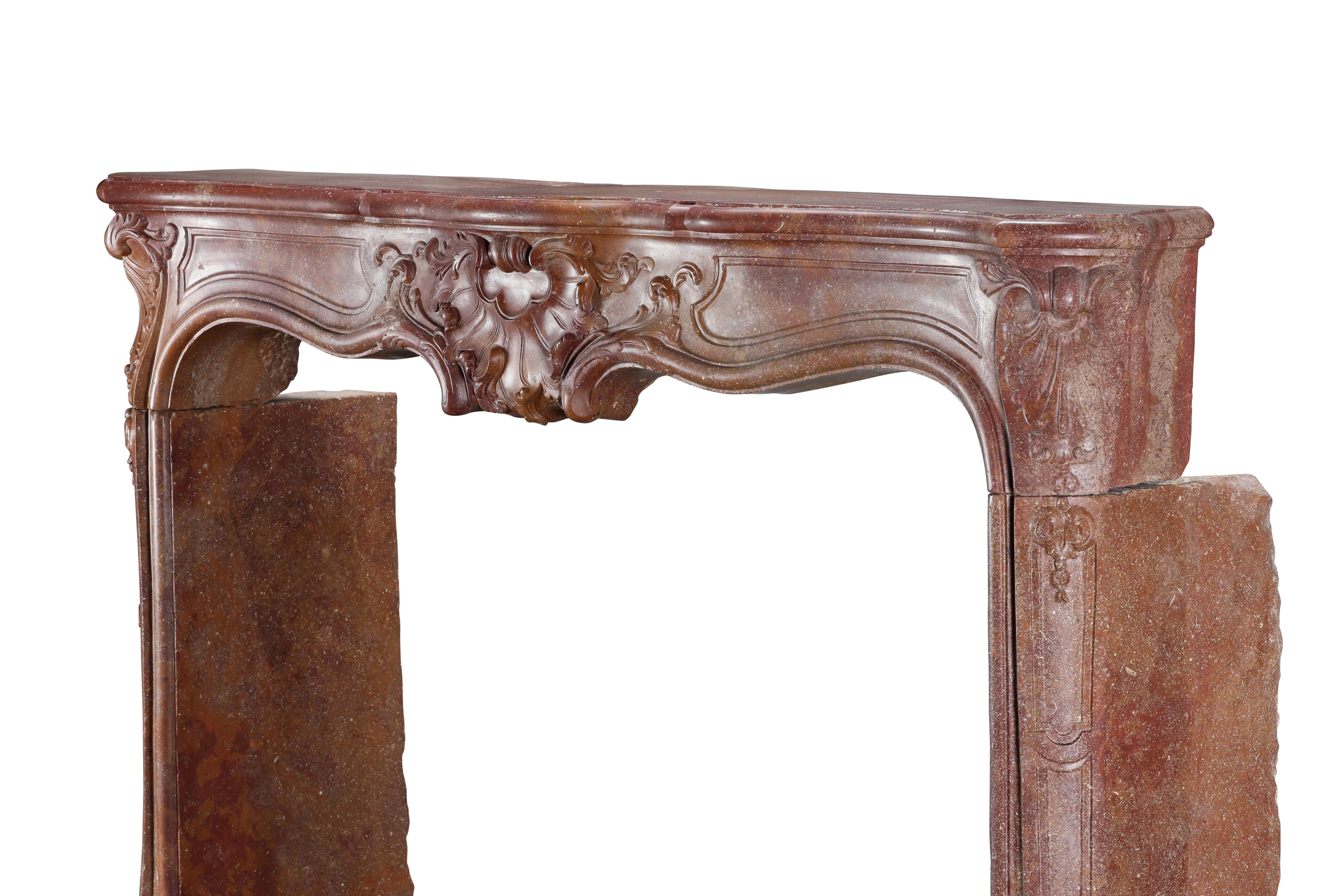 18th Century Rococo Fireplace Mantel In Reddish-Brown or Porphyry-Like Stone For Sale 9