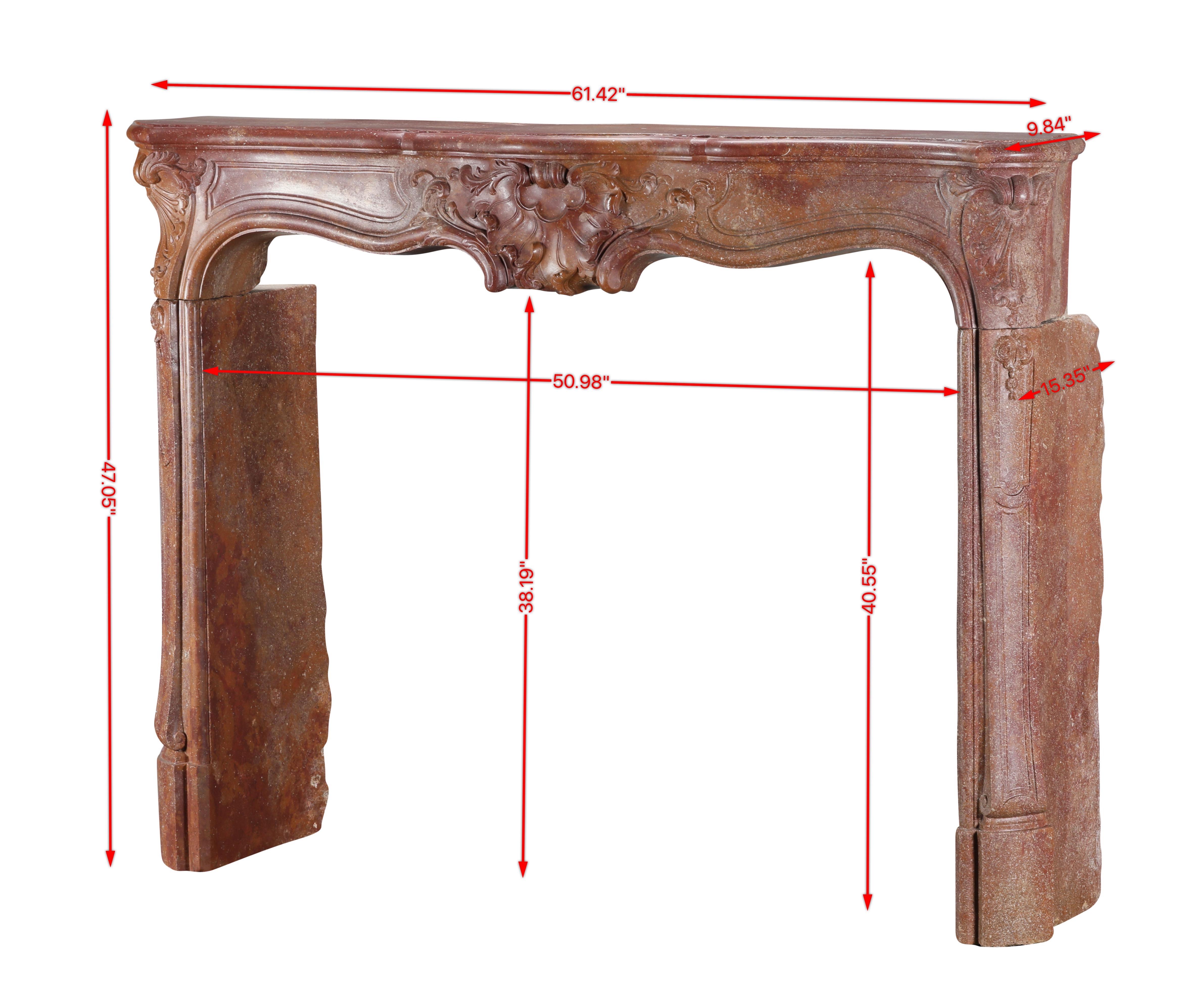 French 18th Century Rococo Fireplace Mantel In Reddish-Brown or Porphyry-Like Stone For Sale