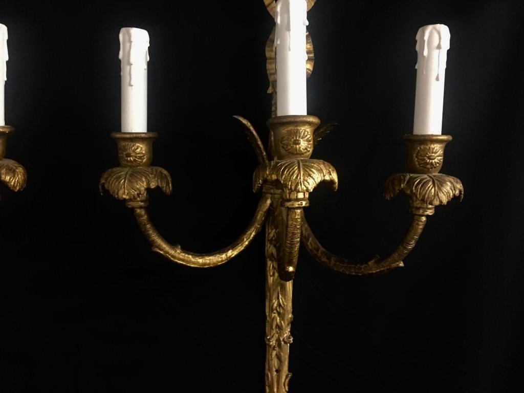 18th Century Rococo Giltwood Three-Light Wall Sconces In Fair Condition For Sale In London, GB
