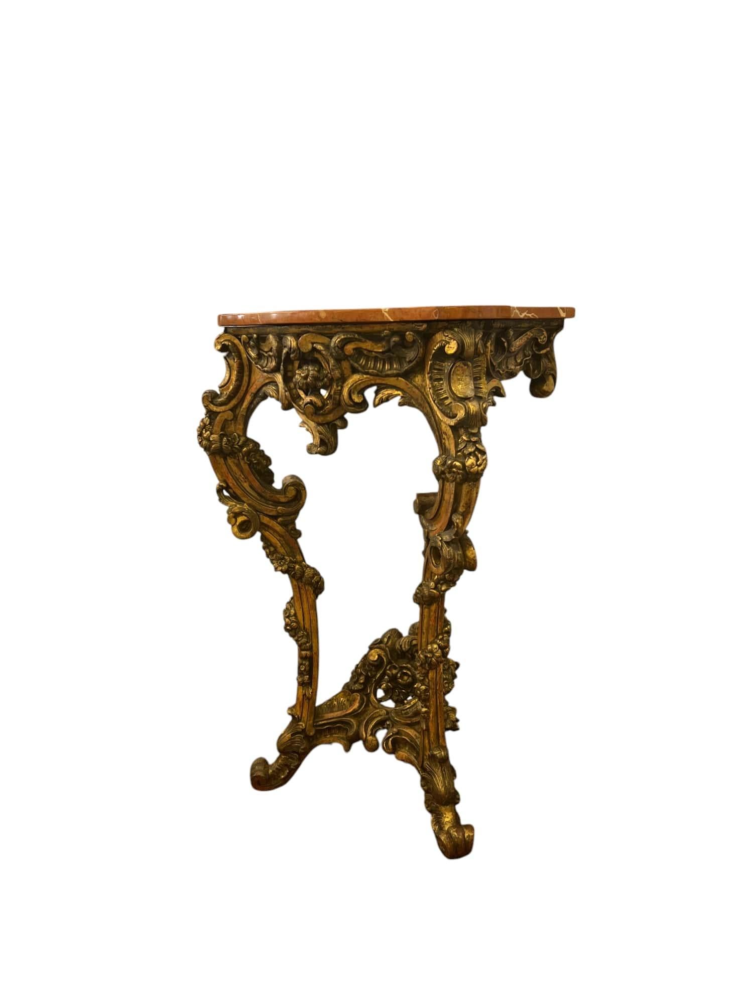 Italian 18th-Century Rococo Giltwood Wall-mounted Console Table with Marble Top For Sale
