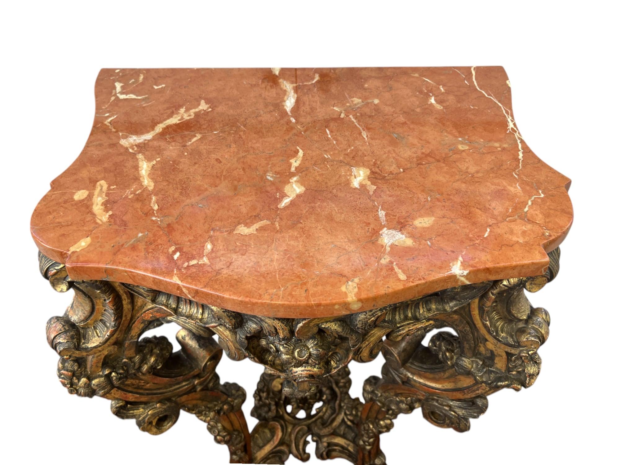 Carved 18th-Century Rococo Giltwood Wall-mounted Console Table with Marble Top For Sale