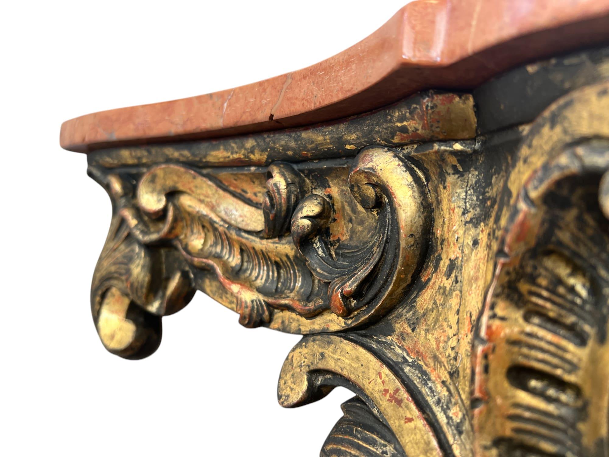18th Century 18th-Century Rococo Giltwood Wall-mounted Console Table with Marble Top For Sale
