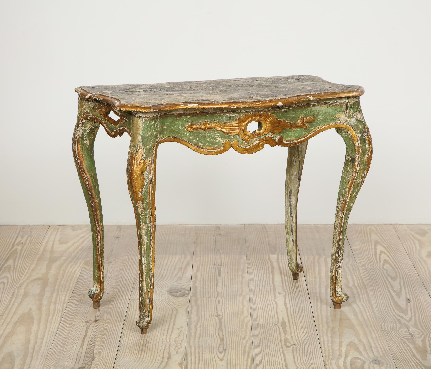 18th Century Rococo Italian console with original green paint, gilt-wood and faux stone top, all with gorgeous patina, origin: Italy, circa 1750.

Provenance: Private Collection, Sweden.
   