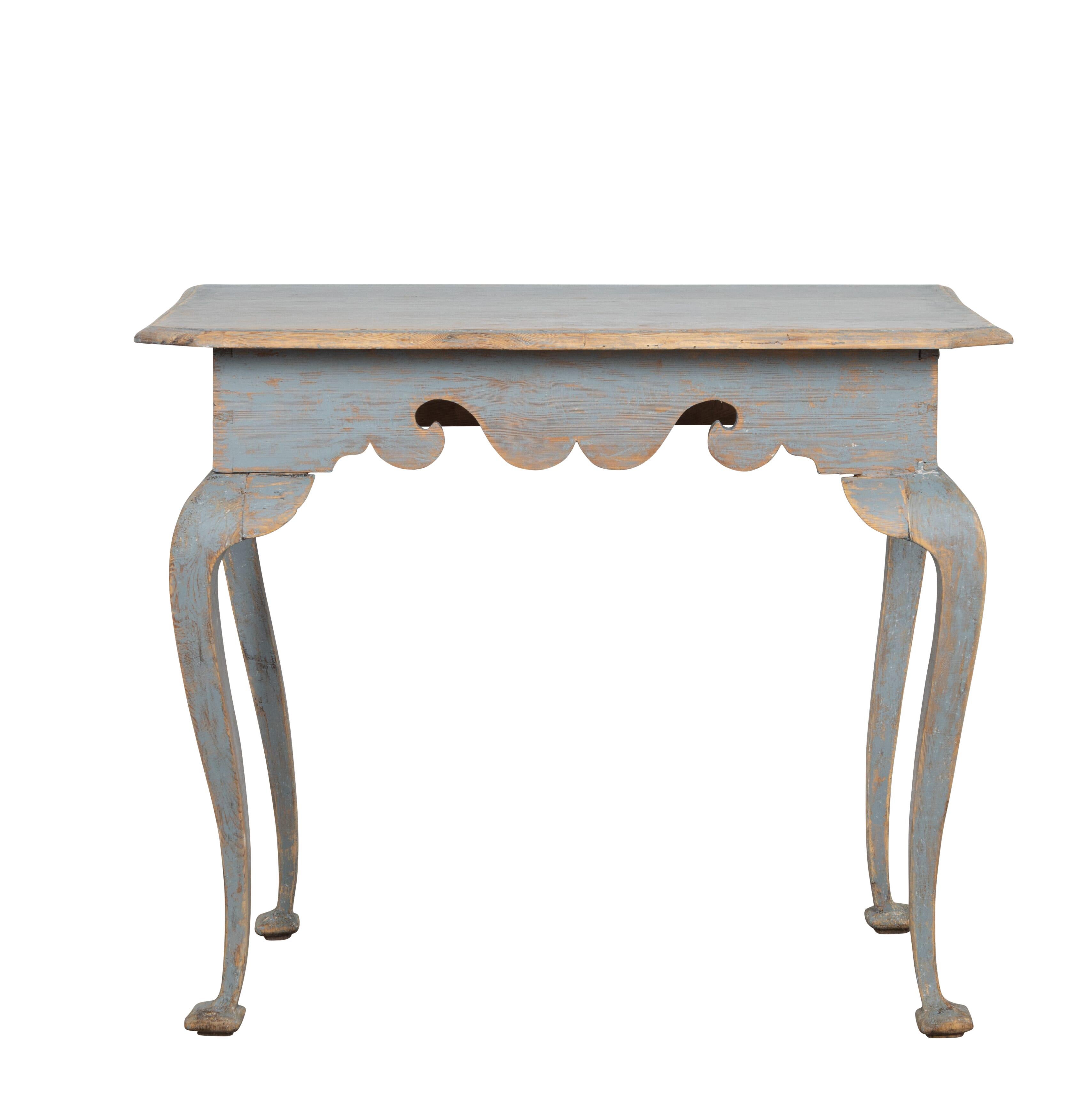 A period 18th Century Rococo console table.
With a decorative carved stretcher, and cabriolet legs, and repainted in blue.
Circa 1780.