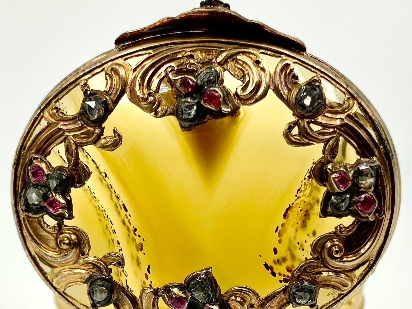 Exquisite 18th Century two color gold mounted diamond and ruby encrusted figured agate snuff box, France, circa 1740. Complex, flaring shape in the form of a garden basket of flowers, with gold, silver set diamond and ruby flower decoration on the