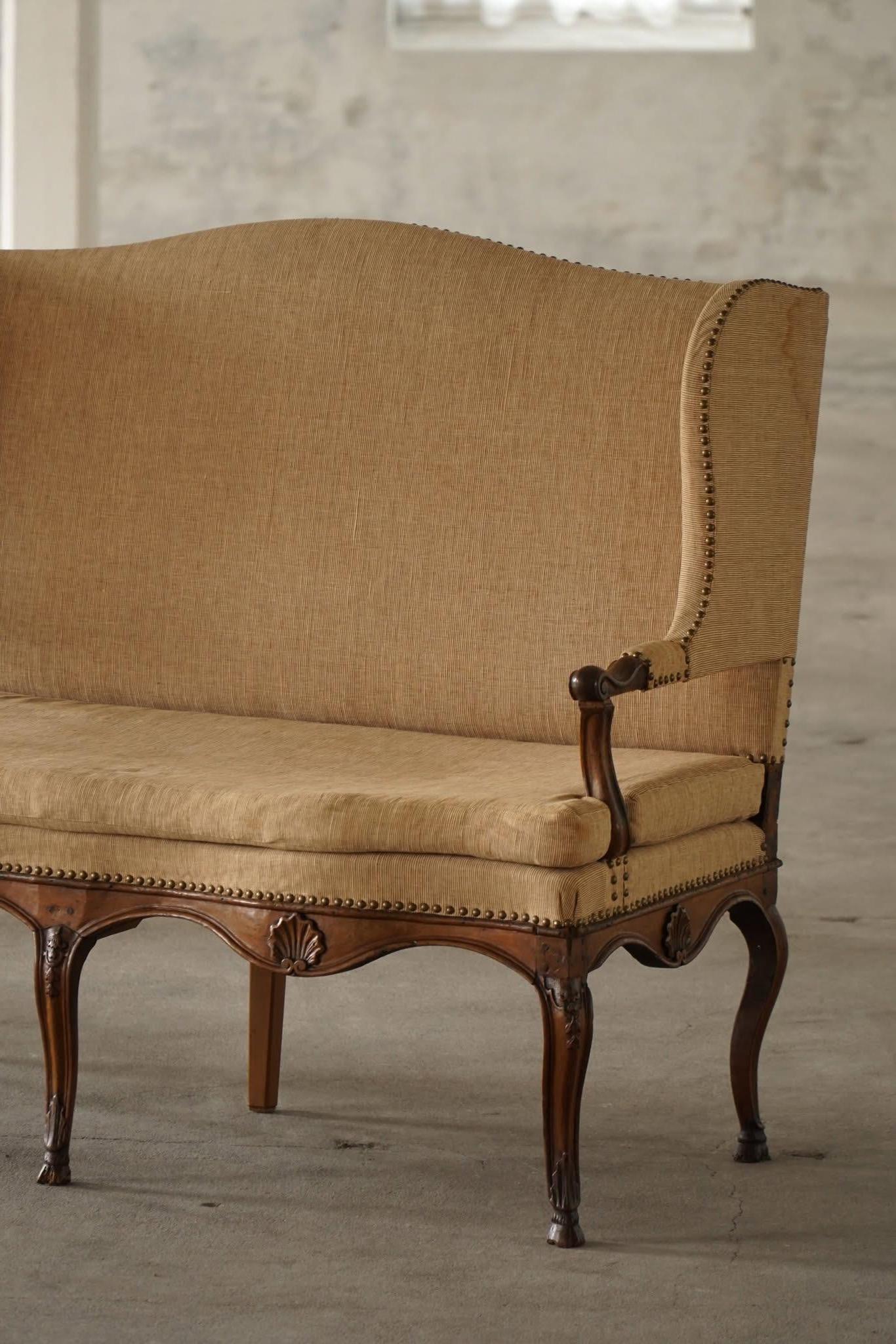 Romantic 18th-Century Rococo Sofa, Carved Oak Frame and Original Upholstery, Sweden For Sale